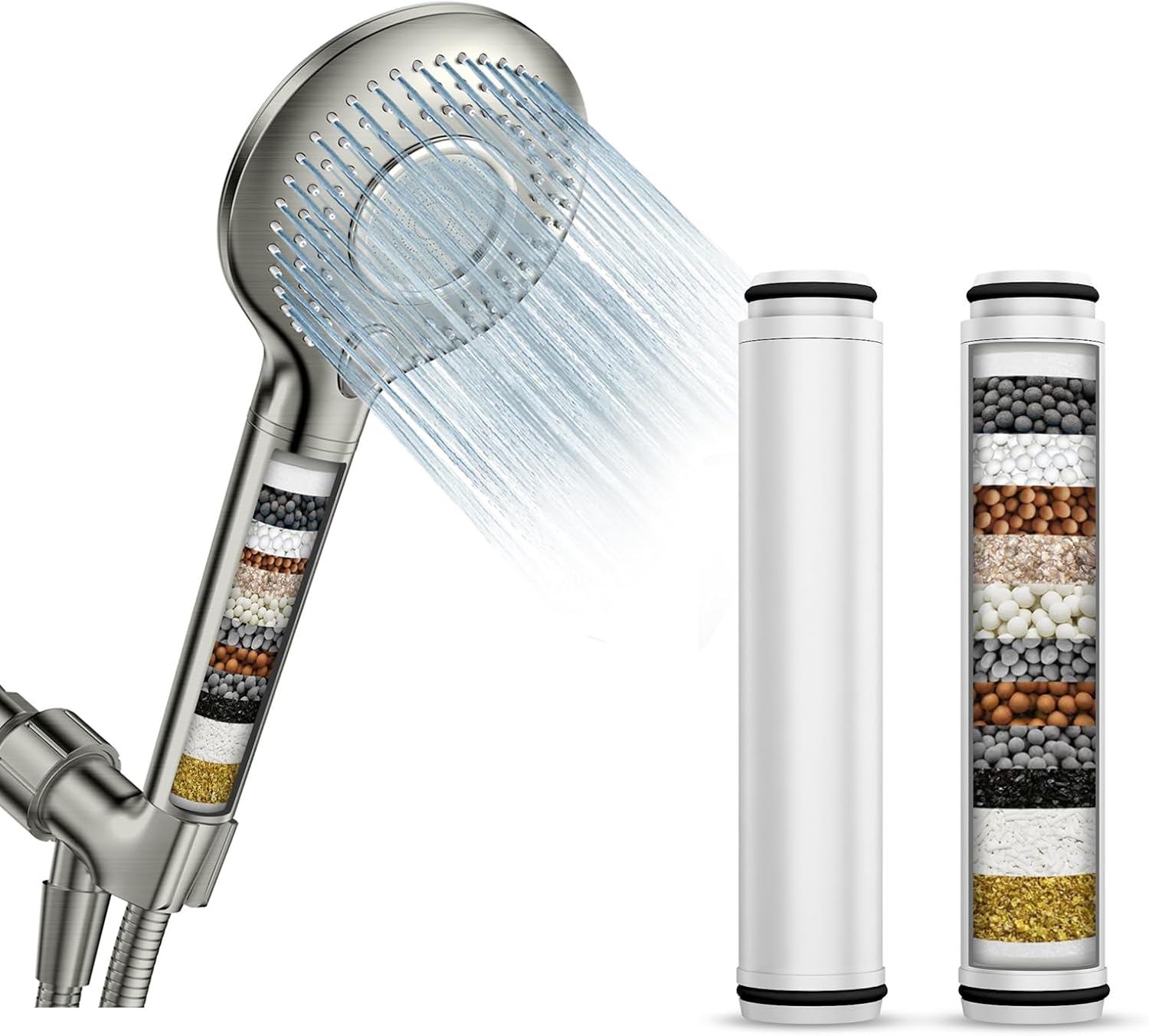 FEELSO 3 Spray Mode Filtered Shower Head with Handheld+FEELSO 2 Pack Replacement Filters for Handheld Shower Head, Brushed Nickel