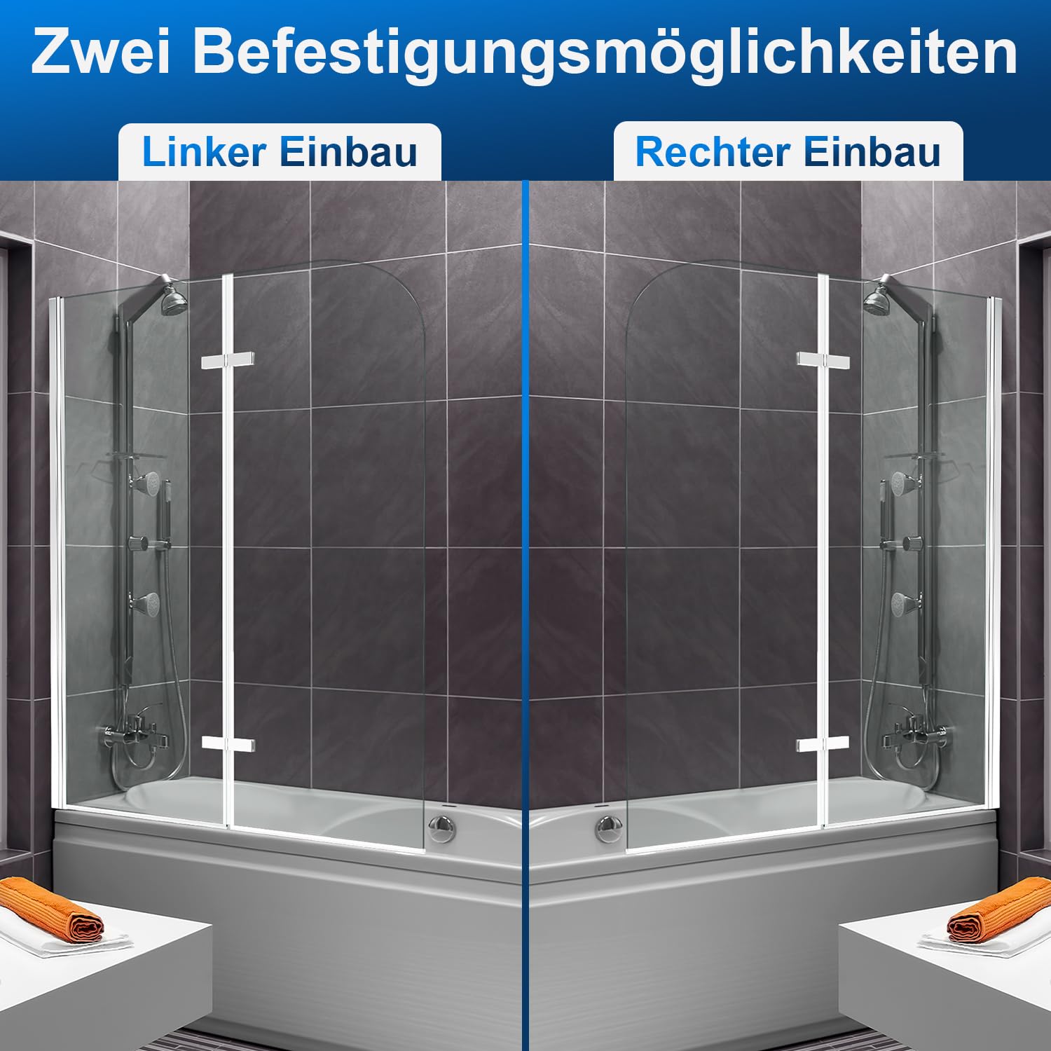 Mampara de ducha para bañera 100 x 140 cm, 2 piezas, plegable | Cristal de seguridad templado de 6 mm, nanorrevestimiento a ambos lados, para baño, giratorio 180°, fácil de limpiar