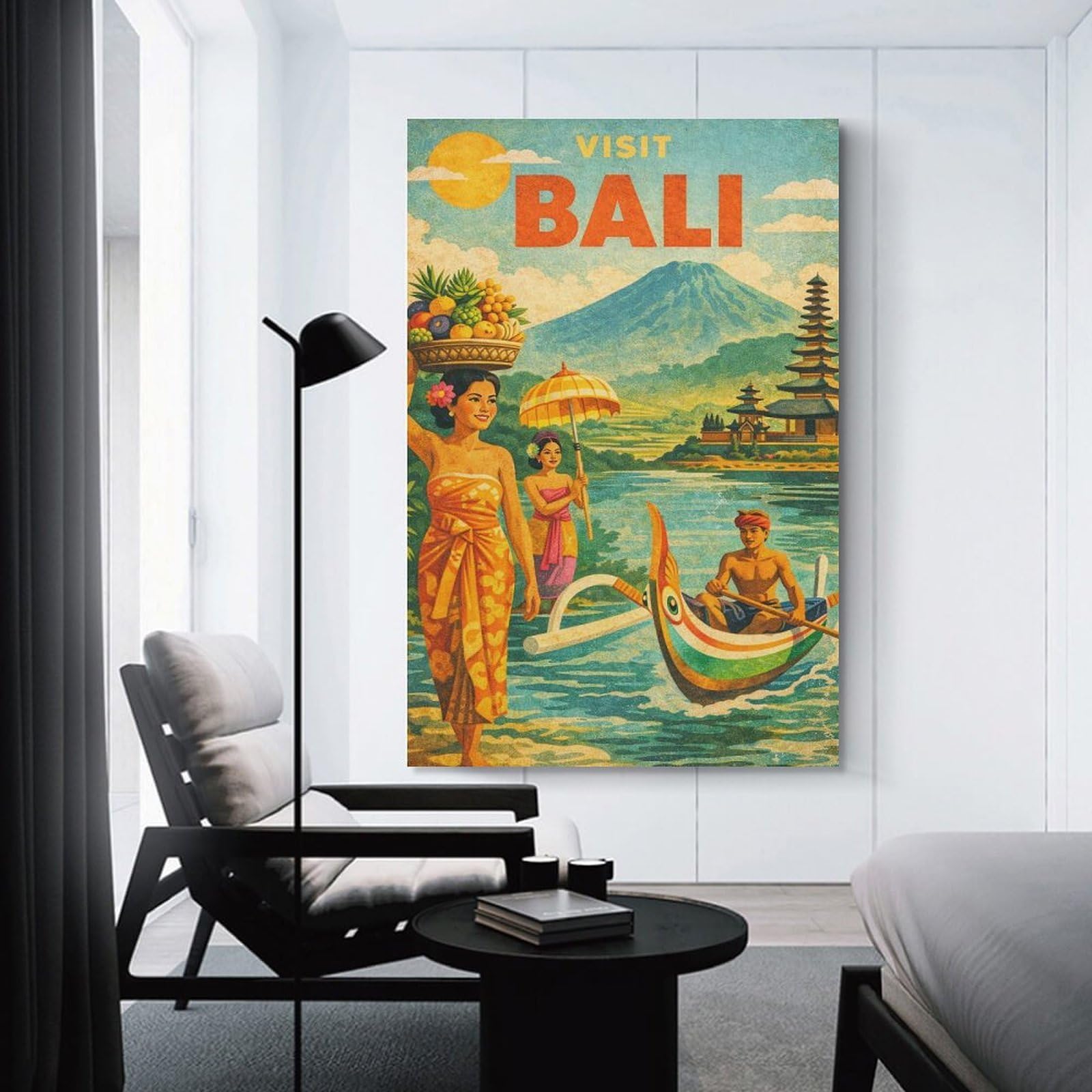 Junmoney Visit Bali Vintage Travel Canvas Wall Art 16x24inch(40x60cm), for Study, Office Or Focused Interiors, Home Office Artwork with Decorative Appeal
