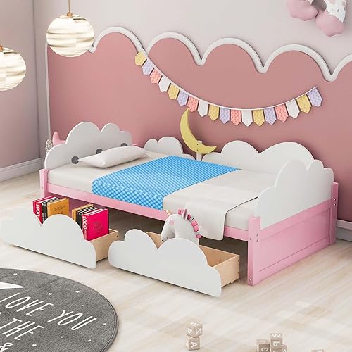 Anwick Marco de cama individual de madera para niños, marco de cama de plataforma individual con cabecero y cajones de almacenamiento, cama