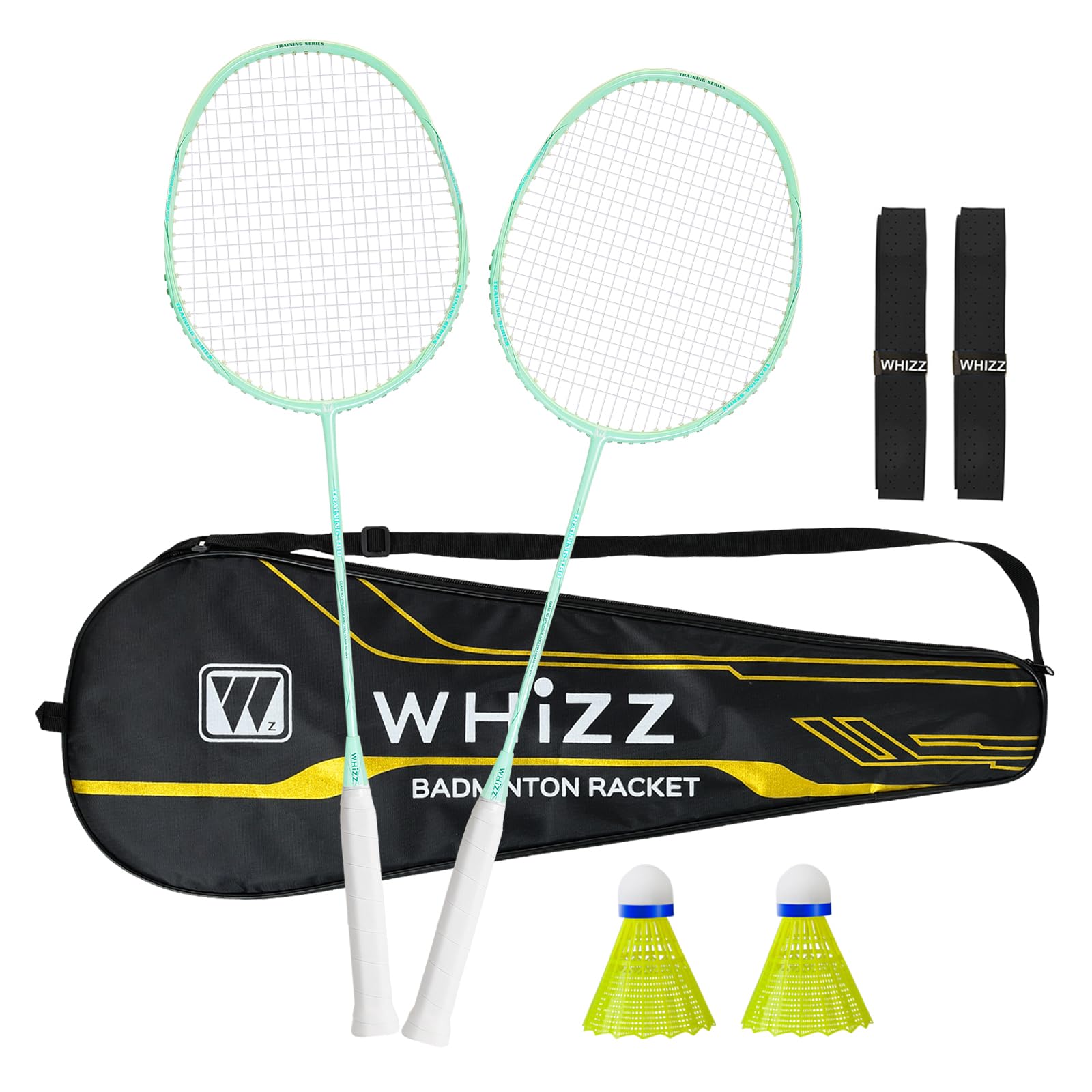 BAIHUALIN WHiZZ Carbon Badminton Schläger Set, Leichter Graphit Badmintonschläger Federball Set für Training, Übung, Freizeit + Federbälle + Griffbänder + Tragetasche