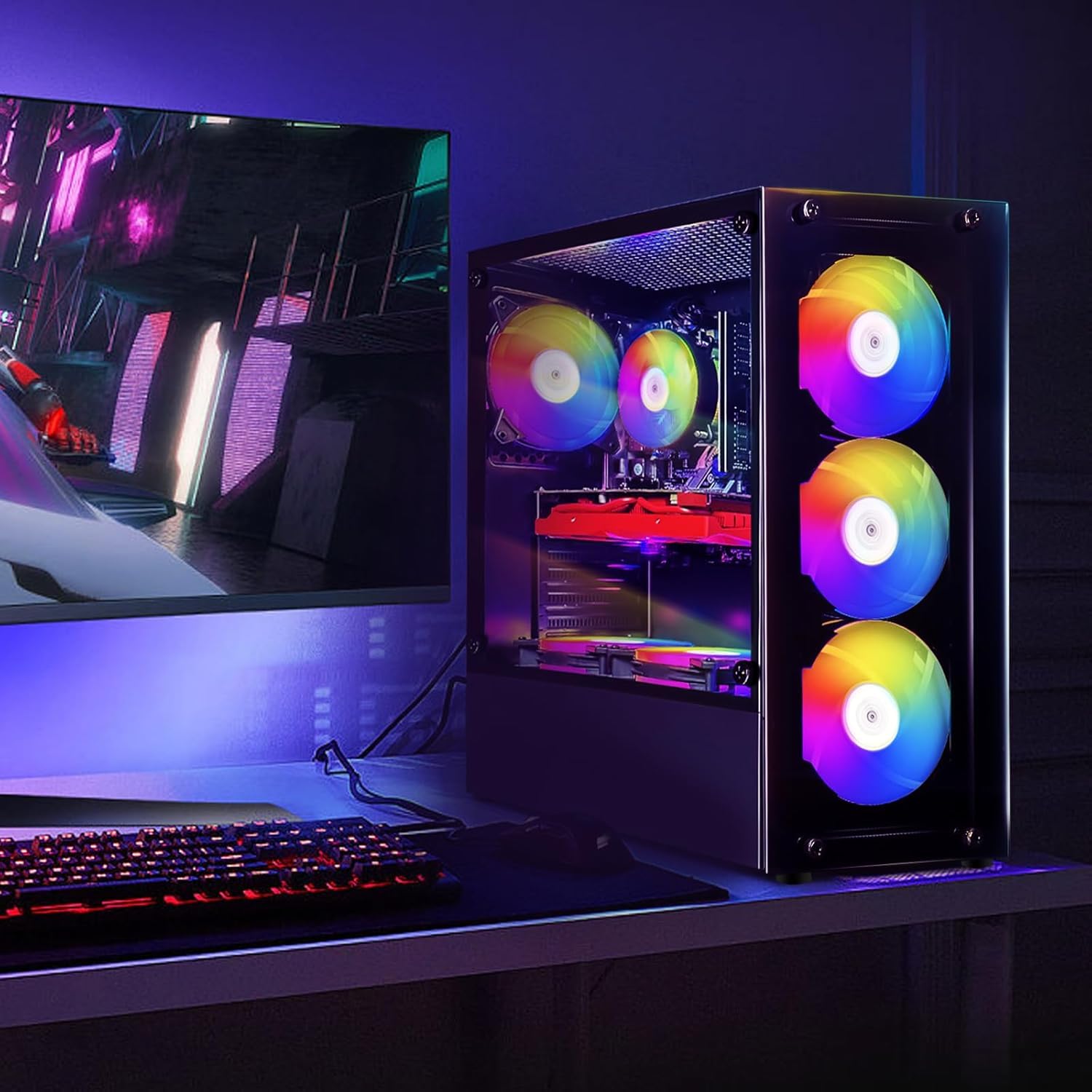 STGAubron Gaming PC Desktop Computer, Intel Core i7-6700 up to 4.0G, GeForce RTX 2060S 8G, 32GB DDR4, 1TB SSD, 600M WiFi, BT 5.0, RGB Fan x6, Windows 11 Home