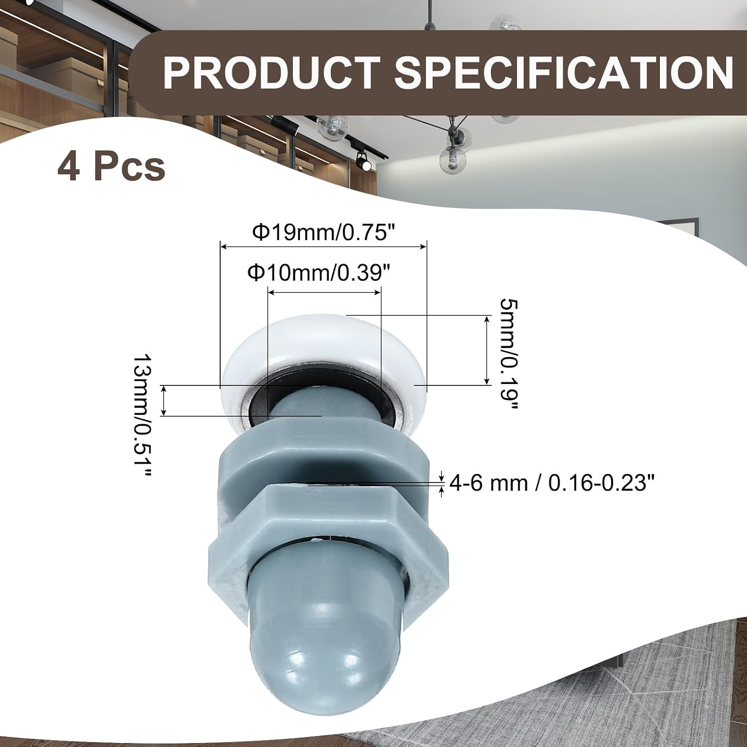 MECCANIXITY Shower Door Rollers Wheels, 19mm Diameter Bathroom Glass Shower Door Replacement Parts Runner Sliding Roller for Bathroom Glass Doors Kitchen, (Grey, Pack of 4)