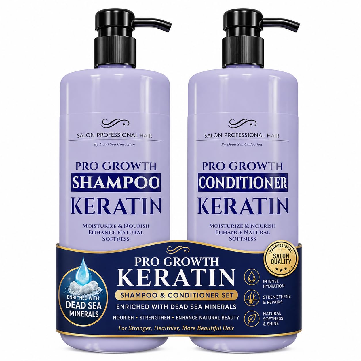 Dead Sea Collection Shampoo and Conditioner Set for Strengthening and Volume - Pure Dead Sea Minerals and Keratin – Hair Care - Nutrition, Repair and Shine - Pack of 2 (33.8 & 30.6 Fl. Oz)