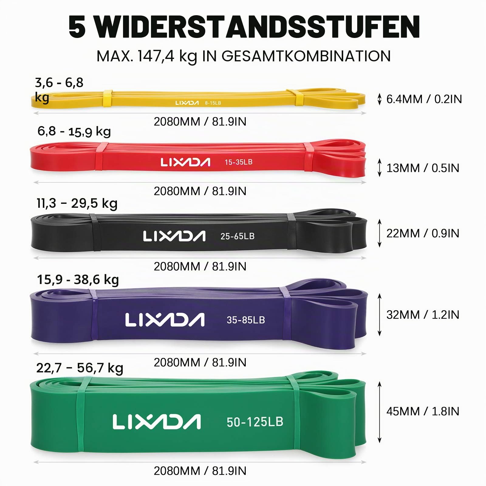 Lixada Fitnessband Widerstandsbänder Set aus Naturlatex mit Türanker Schaumstoff Griffe und Tragetasche für Krafttraining Fitness