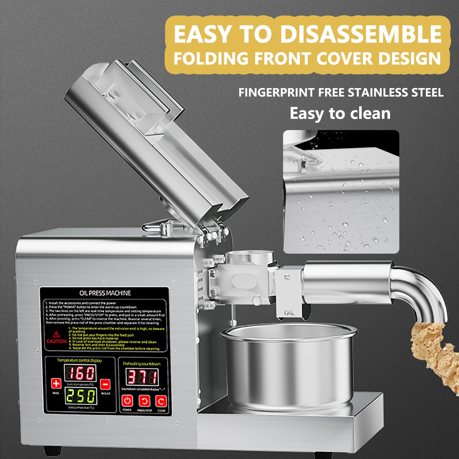 Máquina eléctrica de prensa de aceite de 1100 W - Extractor de aceite frío y caliente, acero inoxidable de grado alimenticio, tolva de 6 L, alto rendimiento de aceite, fabricante de aceite eficiente