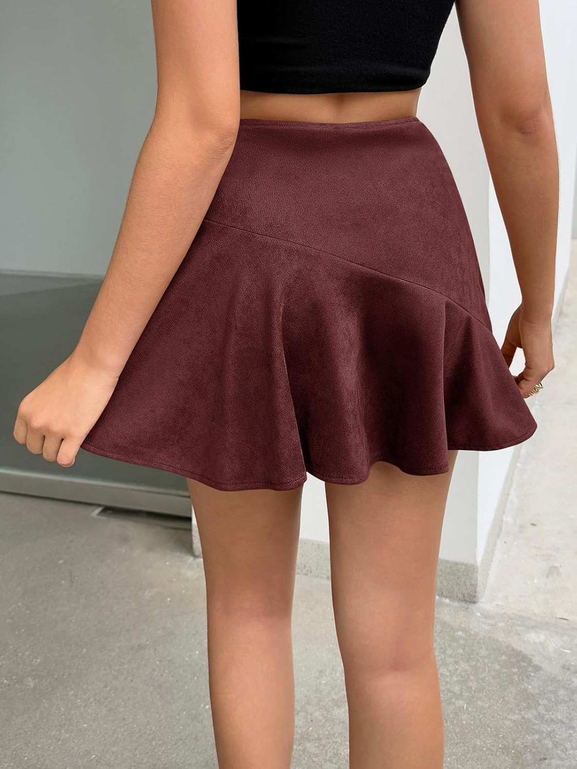 Yousify Womens Mini Skirt High Waisted Faux Suede Skirts 2025 Trendy Ruffle Bodycon Fall Cute Skirts Side Zipper Burgundy - Image 4