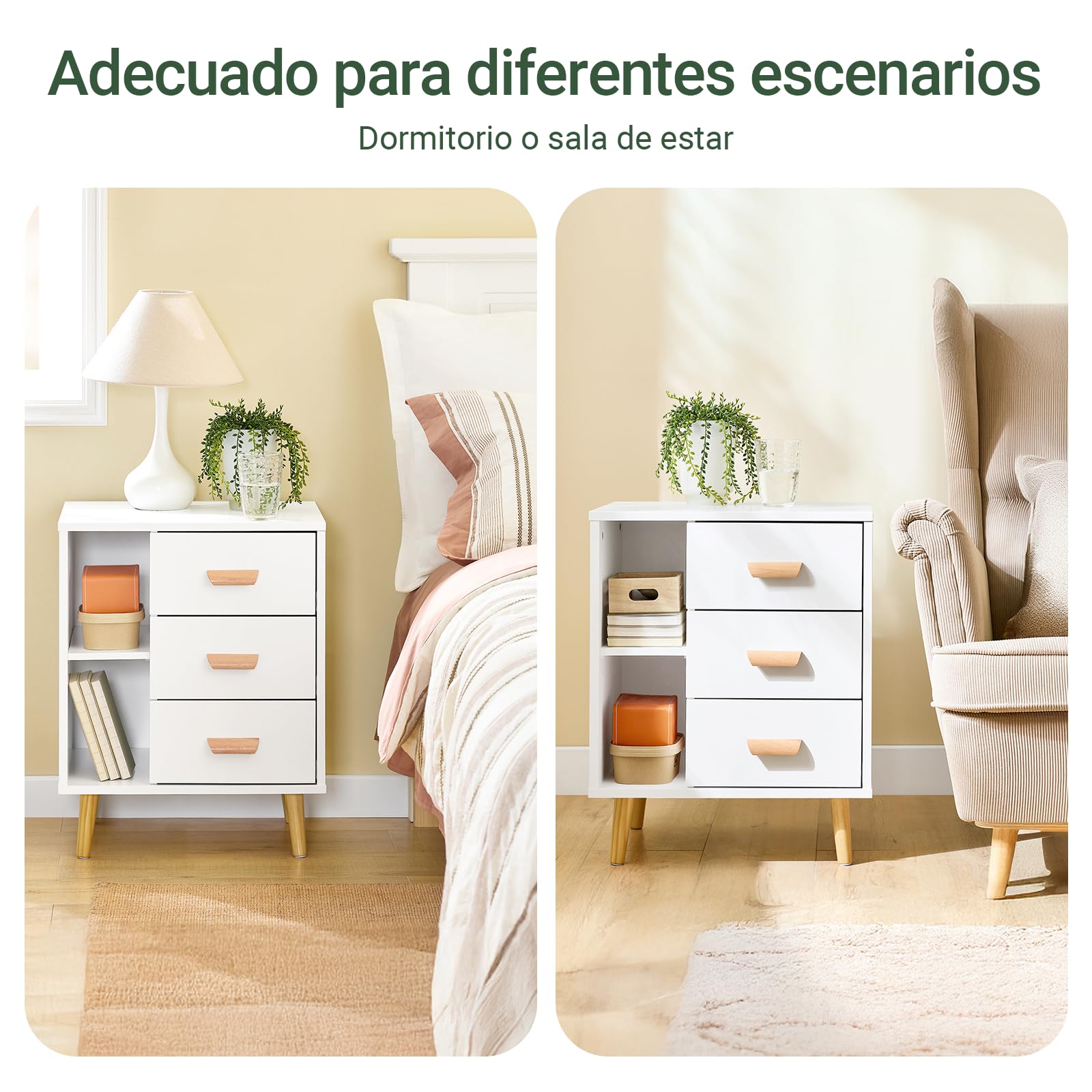 SoBuy Mesita de Noche con 3 Cajones y 2 Estantes 48x40x60cm | Mesa auxiliar moderna con almacenamiento para dormitorio, blanco FBT95-W
