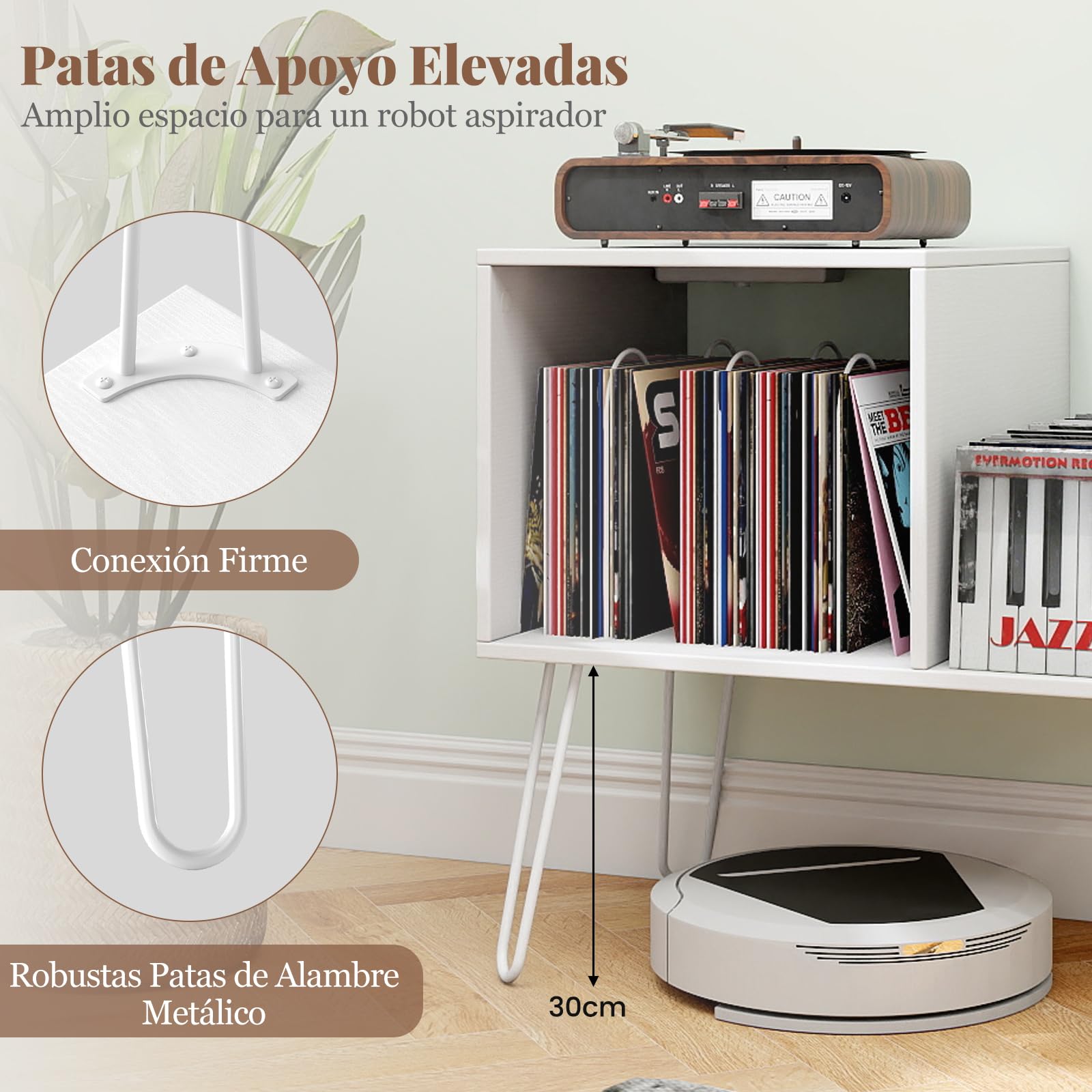 COSTWAY Mueble Tocadiscos con Estación de Carga, Soporte Tocadiscos con Divisor de Vinilos, Estante de Exhibición y Patas de Metal, Mesa Auxiliar de Discos hasta 145 Álbumes, 66x45x67 cm (Blanco)