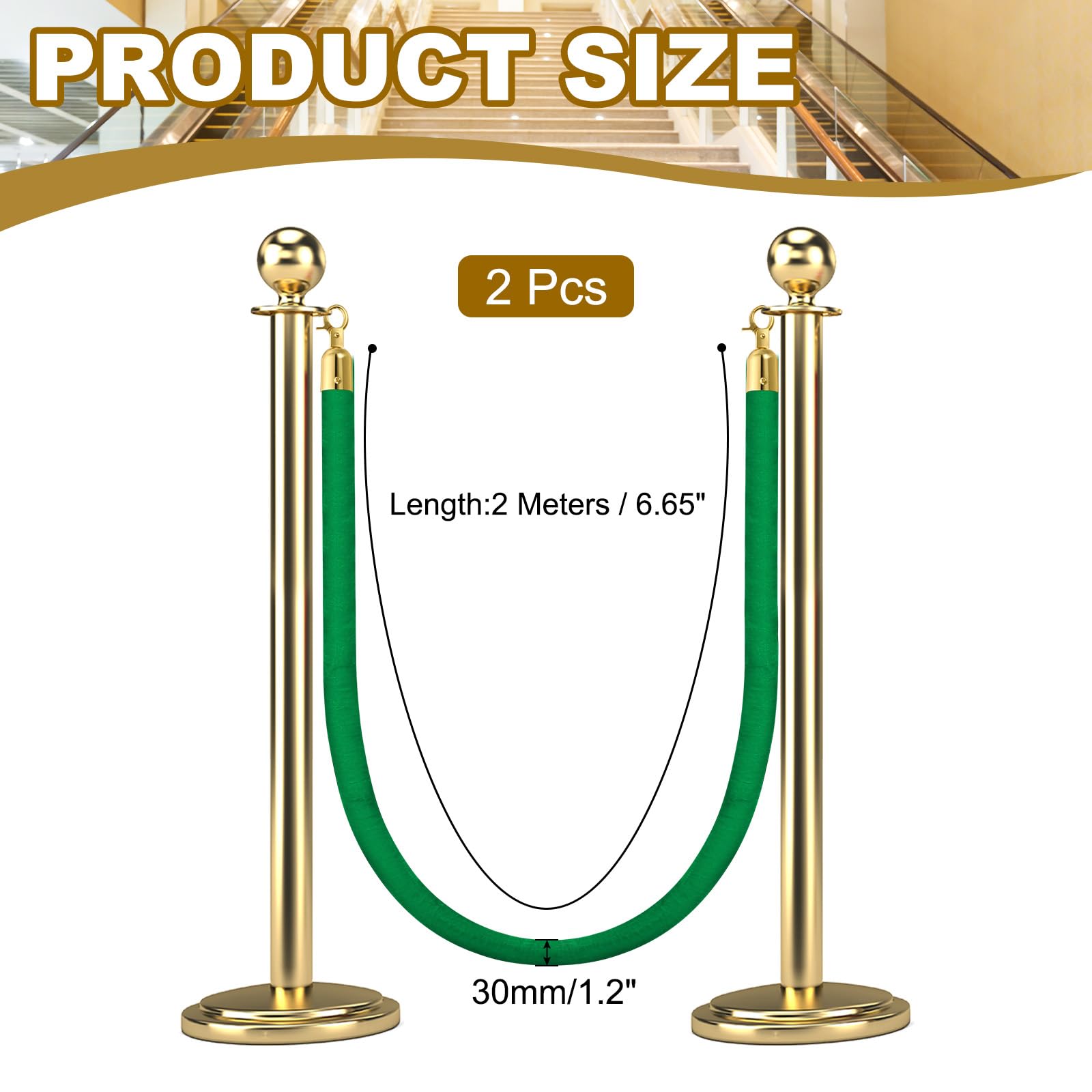 QUARKZMAN Cuerda Terciopelo Para Postes 6.6 Pies/2 M, Cuerdas Barrera Terciopelo Con Mosquetones Para Postes Divisores Cola Control Multitudes, Verde Dorado Paquete 2
