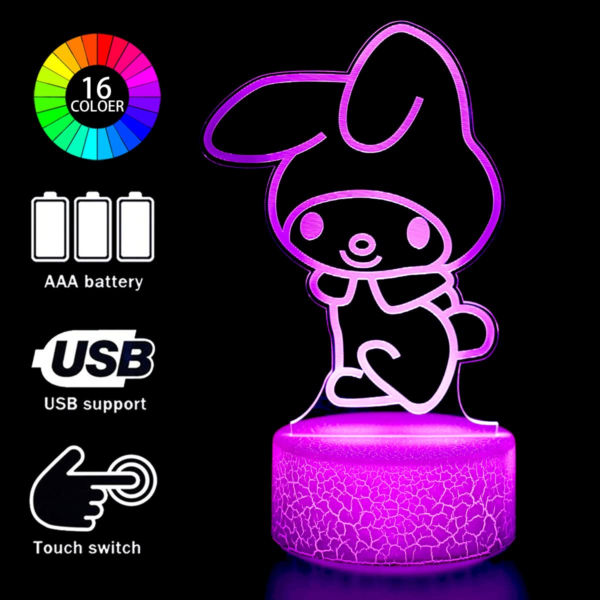 sunduck 3D Illusion Cat Night Light for Kids - 3 Patterns and 16 Colours Change with Remote Control — view 3
