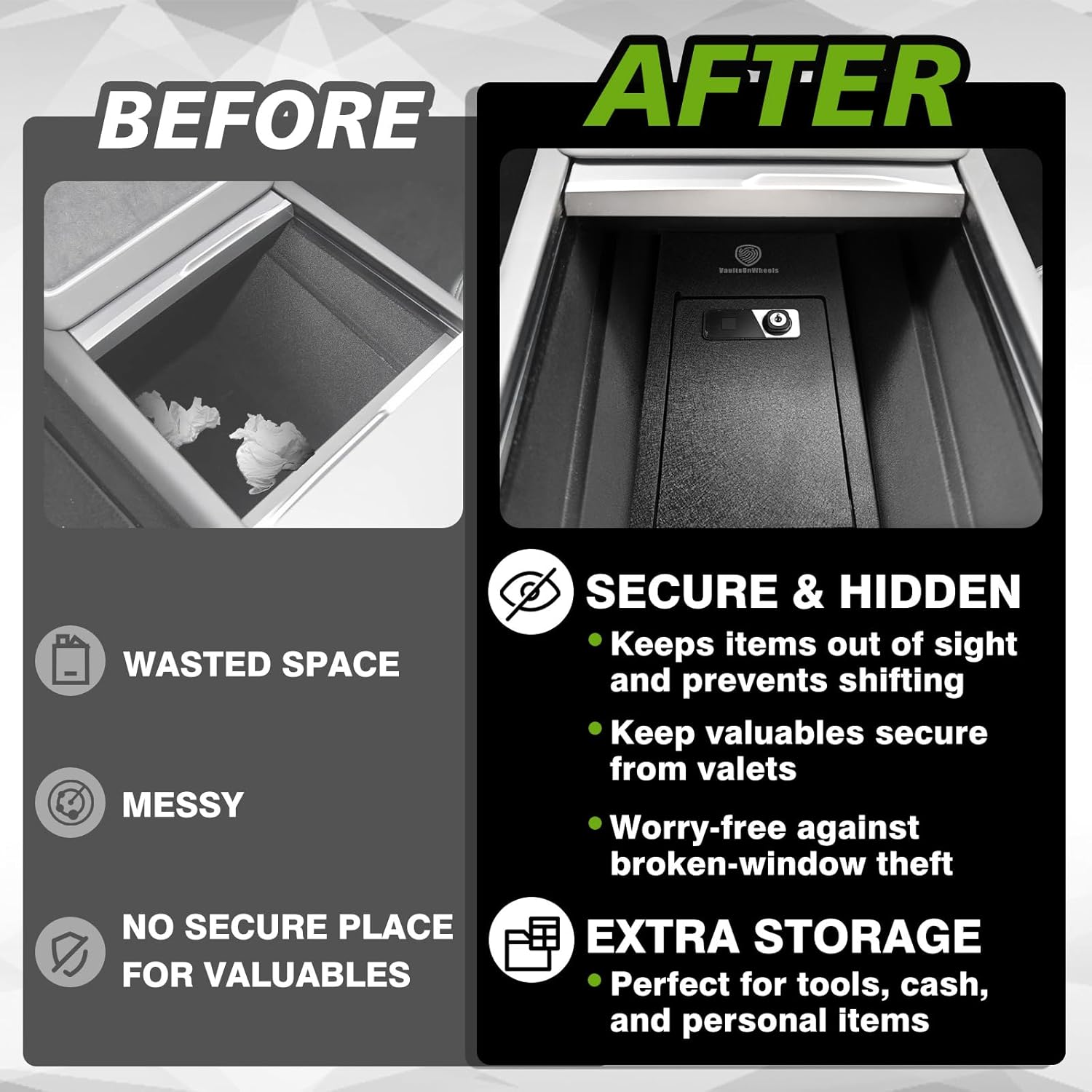 Bundle of VaultsOnWheels Center Console Front & Under Front Seat Safe Vaults for Model Y Juniper