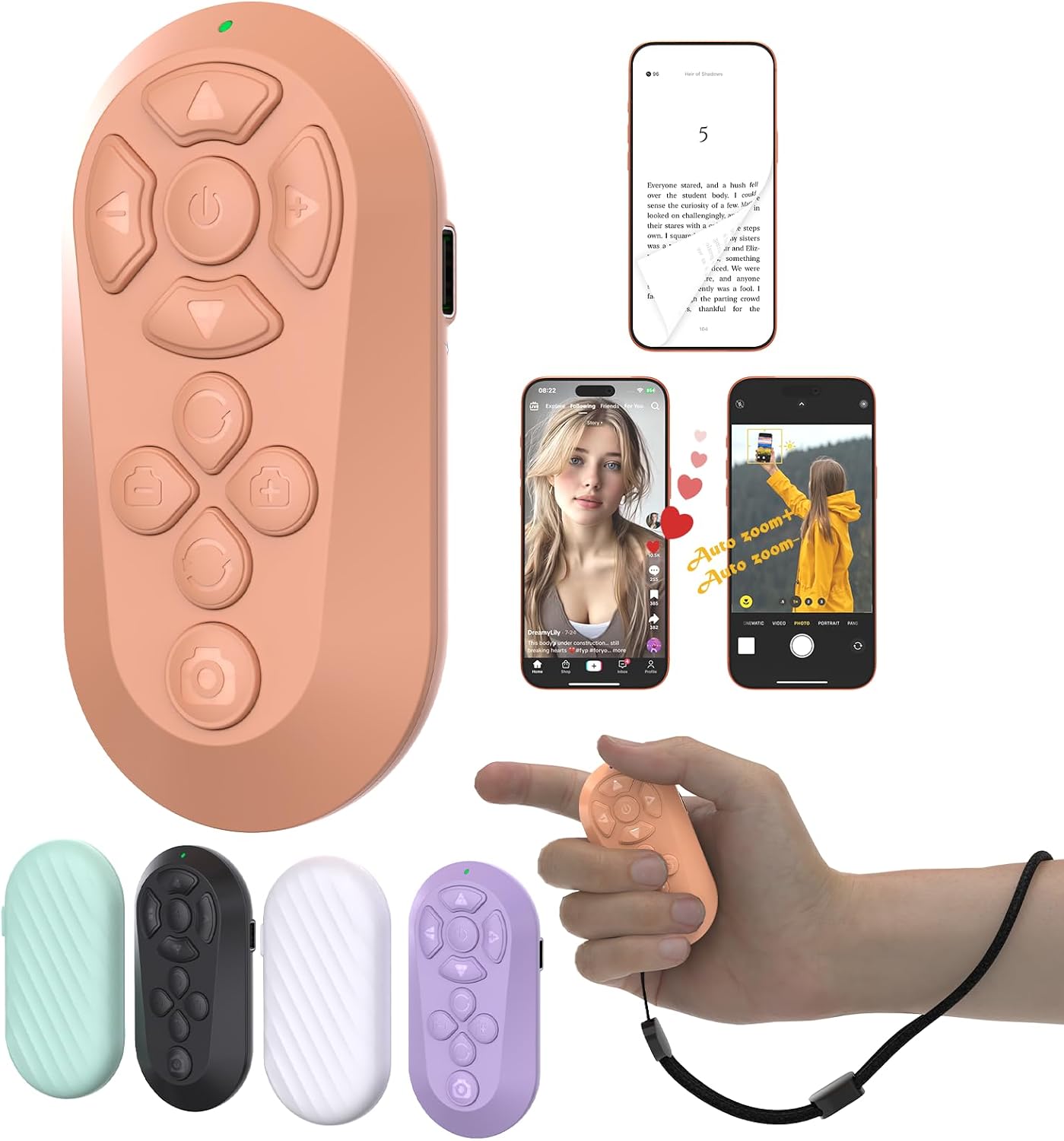 Wireless Remote Controller for iOS/Android Bluetooth Remote Control for TikTok Scrolling/Camera/Video Recording/Kindle App (Orange)