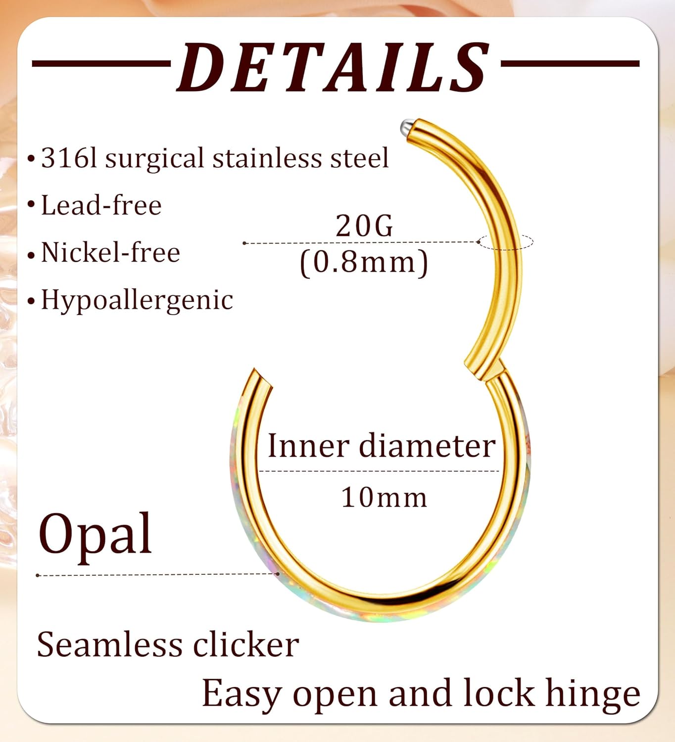 Opal Septum Ring 16G 18G 20G Hinged Hoop Ring for Women Stainless Steel Opal Nose Ring Hoop Septum Piercing Clicker Ring Cartilage Tragus Helix Earrings Conch Piercing Jewelry - Image 2