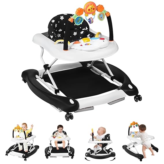 Baby Walker, 5 in 1 Baby Walkers for Boys Girls 6-12 Months, Foldable Walkers for Babies with Bouncer & Feeding Tray, Music, Adjustable Heights, Activity Walker for Infant