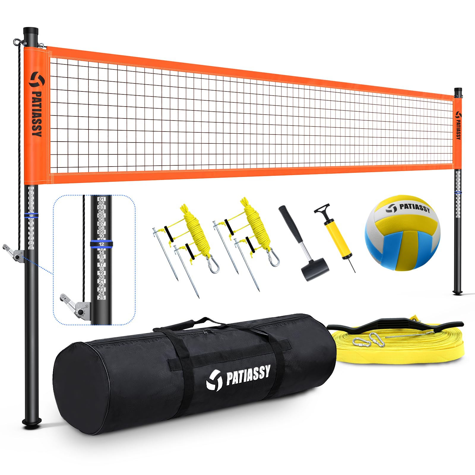 Patiassy Portable Professional Outdoor Volleyball Net Set with Adjustable Height Aluminum Poles, Winch System, Volleyball with Pump and Carrying Bag for Backyard Beach