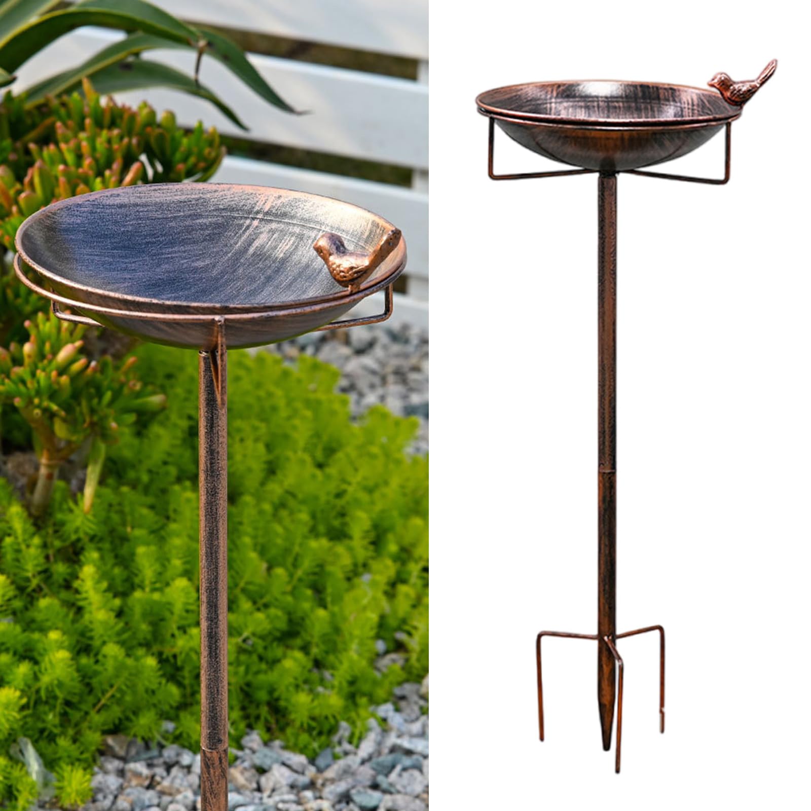 Baignoire à oiseaux vintage en métal sur piquet pour jardin, terrasse, cour avec 4 dents améliorées