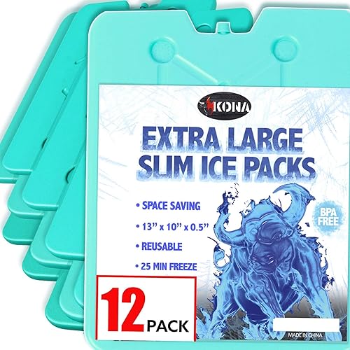 Kona Paquete de 12 paquetes de hielo delgados XL de 13 x 10 pulgadas, paquetes de congelador azules, extra grandes, congelables y reutilizables para