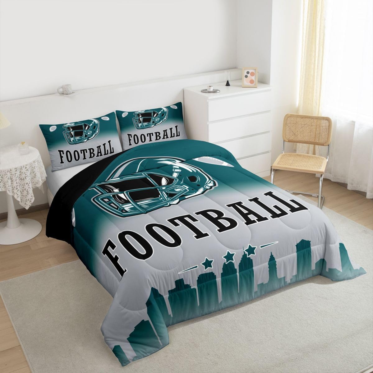 Erosebridal Football Comforter Set American Soccer City Twin Size Bedding Set for Kids Teen Adults,Rugby Sports Green Grey Comforter Sports Competitive Games Quilt