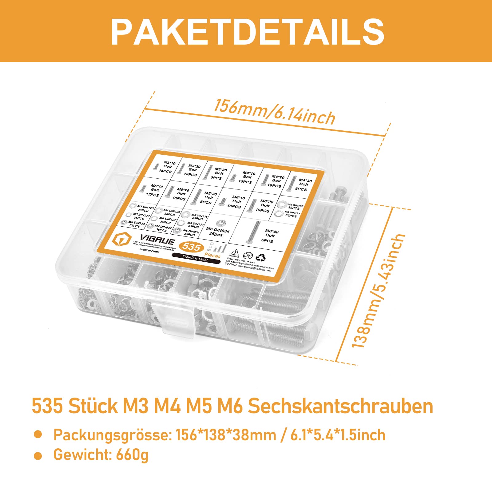 VIGRUE 535 sztuk śrub sześciokątnych M3, M4, M5, M6, ze stali nierdzewnej, A2, zestaw śrub z nakrętkami, podkładkami, DIN933, śruby gwintowane, śruby maszynowe, śruby gwintowane do naprawy
