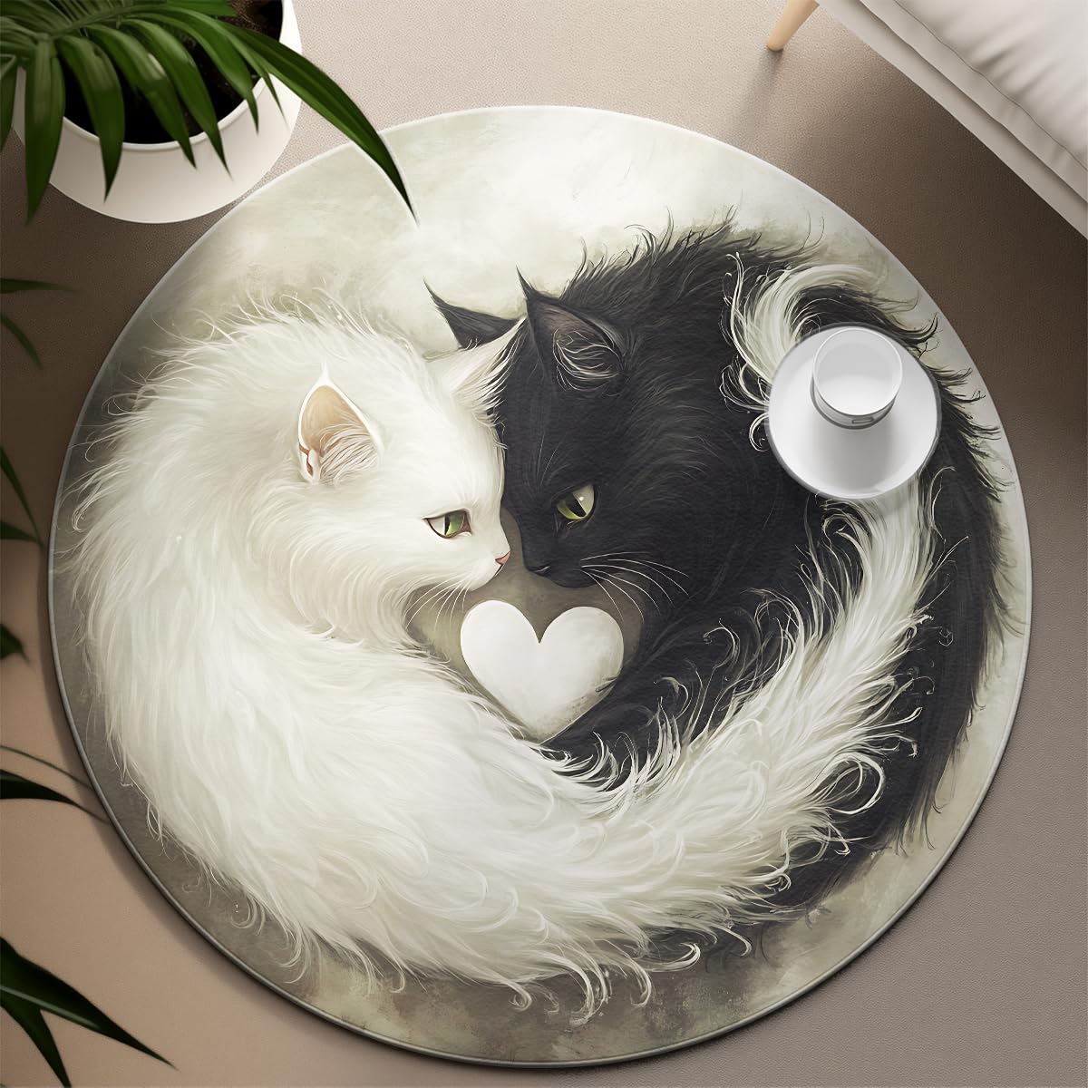 Tapis Rond Lavable de Style Noir et Blanc 120cm Motif de Chat Mignon Tapis de Cercle de Sol intérieur antidérapant à Poils Ras pour Chambre à Coucher Salle de conférence