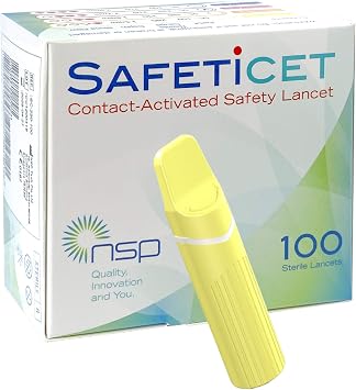 Contact-Activated Safety Lancet Yellow 100 Units. Needle Size 28G. Penetration Depth 1.50 mm. Volume Micro