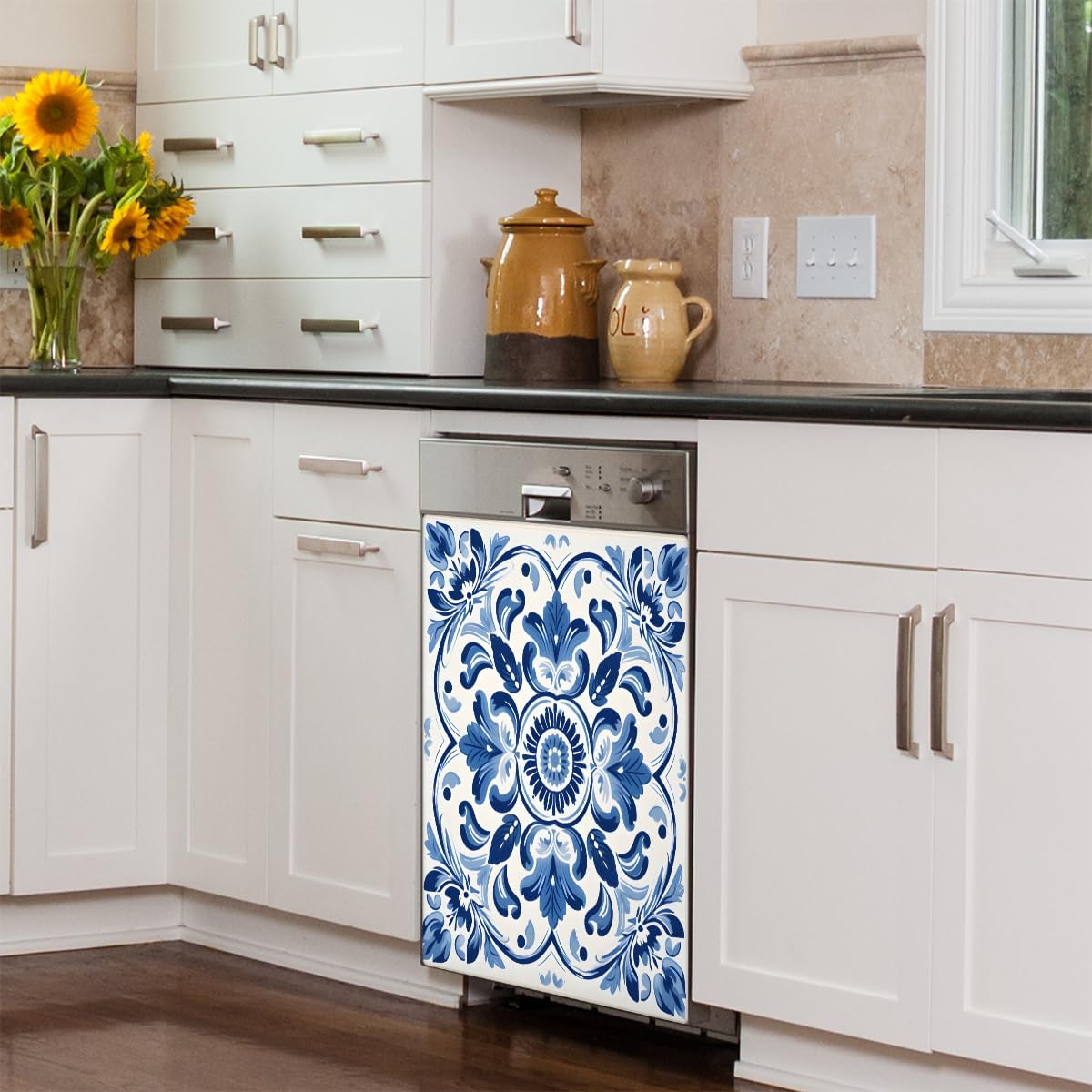Dishwasher Magnet Cover Blue Ethnic Flower Paisley Reusable Dishwasher Magnetic Cover Sticker Decorative Dish Washer Door Cover Panel for Home Kitcen Appliance