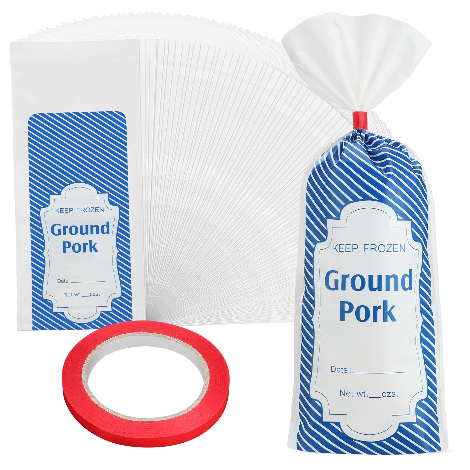 Cholemy 1 lb 500 Pcs Blue Plaid Ground Pork Freezer Bags Polyethylene Sausage Meat Bags for Freezer Storage Dry Age Bags for Meat with 2 Bag Sealing Tapes Your Ground Meat Packaging System