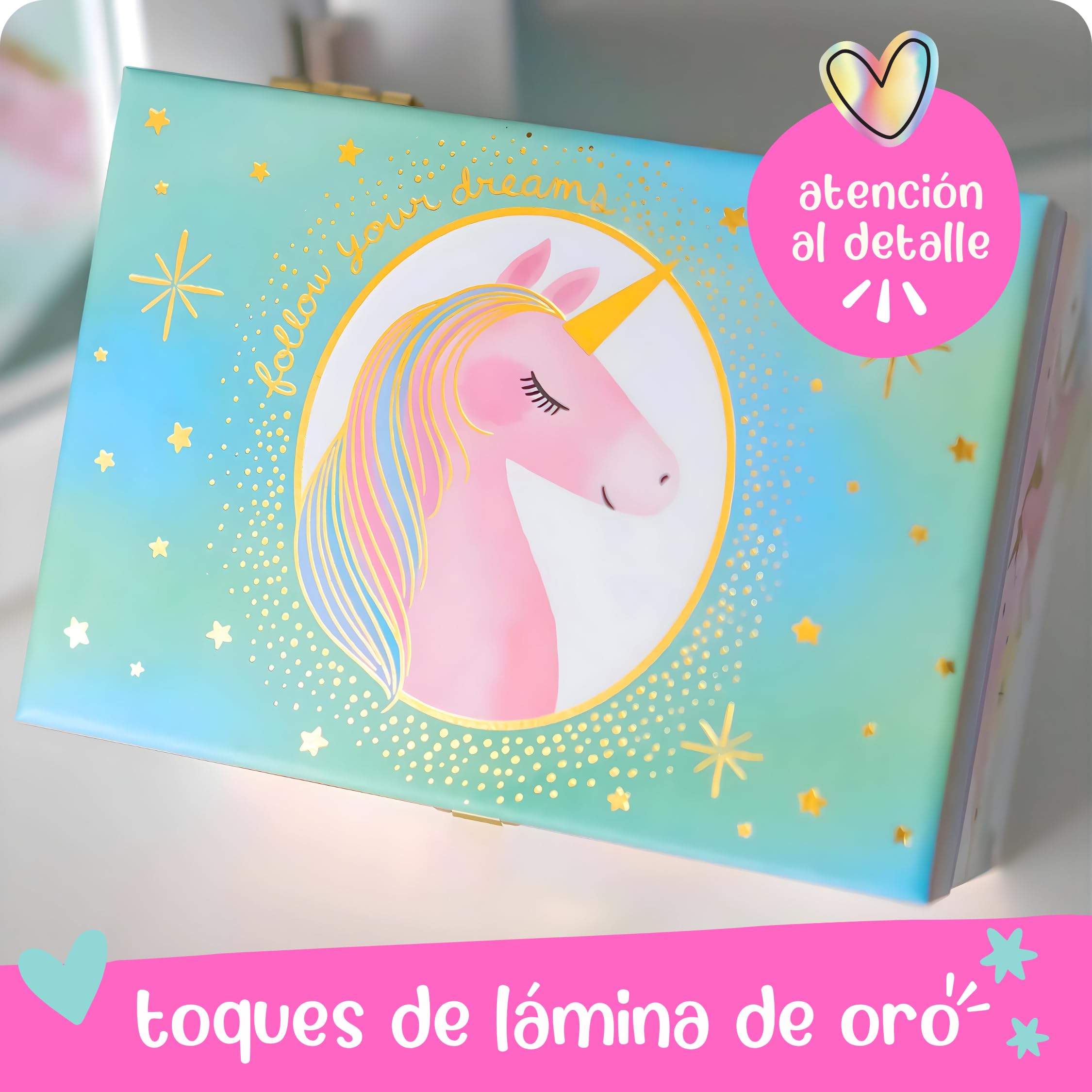 Giggle & Honey Joyero Musical Grande de Unicornio con Dos Cajones para Niñas - Caja de Música Infantil con Espejo
