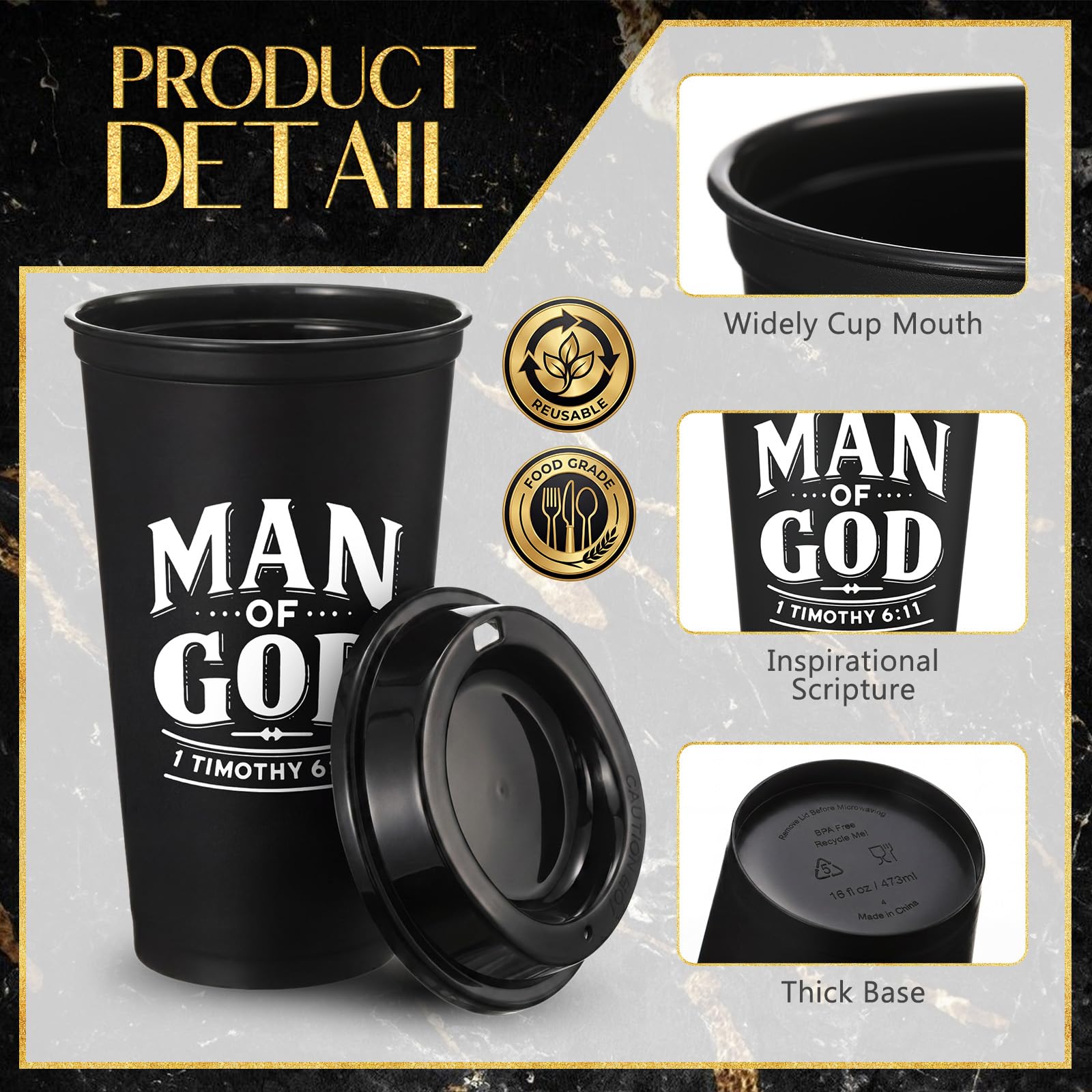 LemonRoad 40 Pcs/ 20 Sets Fathers Day Christian Gifts Man of God Bulk 16oz Reusable Coffee Cups with Lids Man of God Keychains Cross Gifts for Church Religious Men Dad Godfather Coworkers Employee