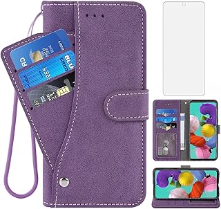 Asuwish Compatible with Samsung Galaxy A51 5G / A 51 5G UW Verizon Wallet Case and Tempered Glass Screen Protector Flip Cover Credit Card Holder Cell Phone Cases for Glaxay 51A G5 Gaxaly S51 Purple