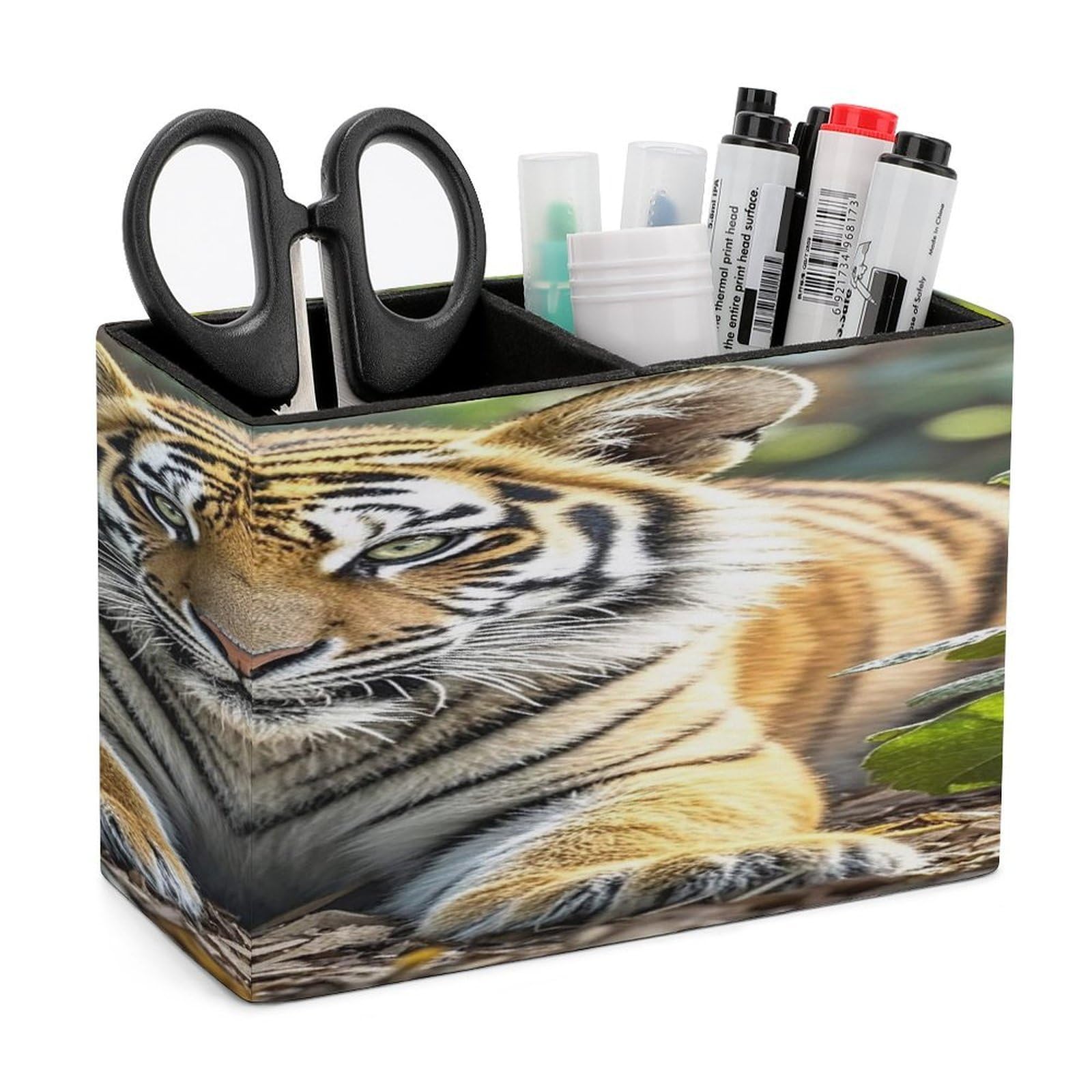 FekiLoot Big Tiger Pen Holders for Desk Small Remote Control Holder Leather Pencil Cup with Double Compartments Desktop Organizer for Table Desk Office Space Saving
