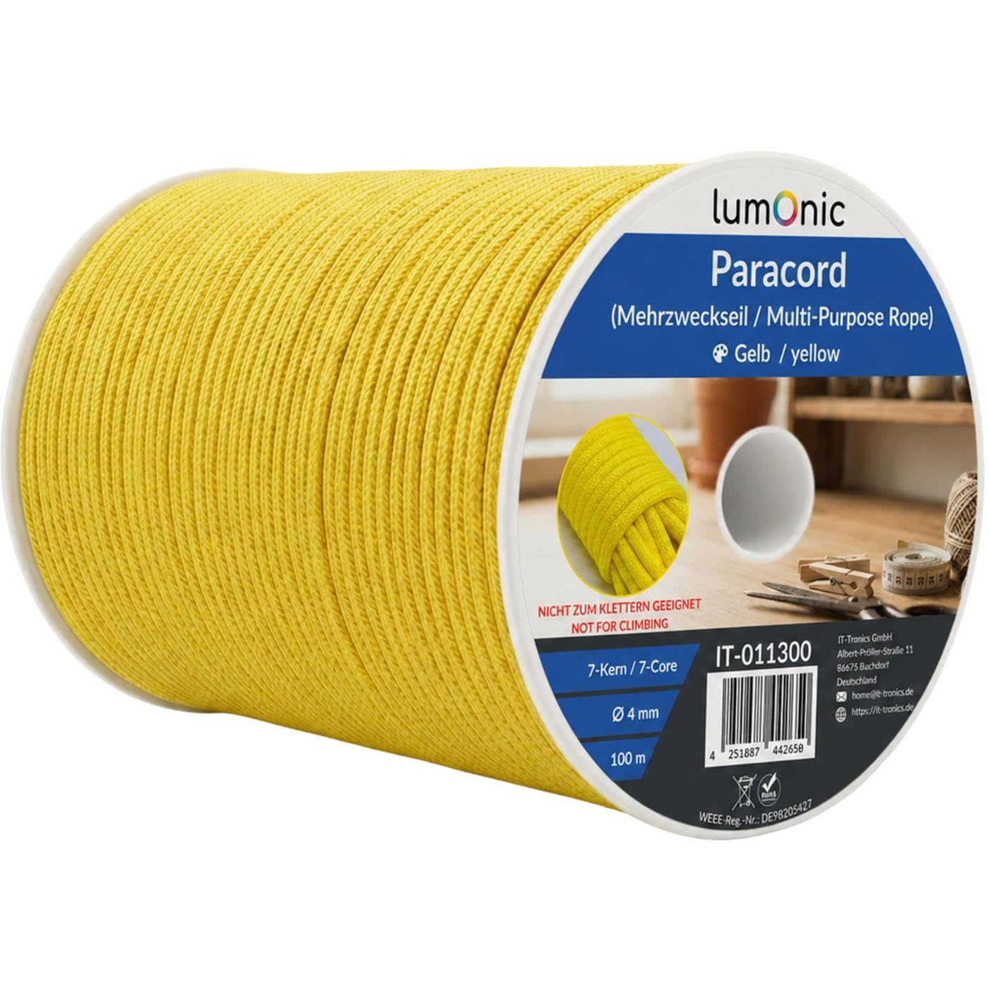Paracord 4mm Jaune Fluorescent Lumonic ultra visible charge max 250kg