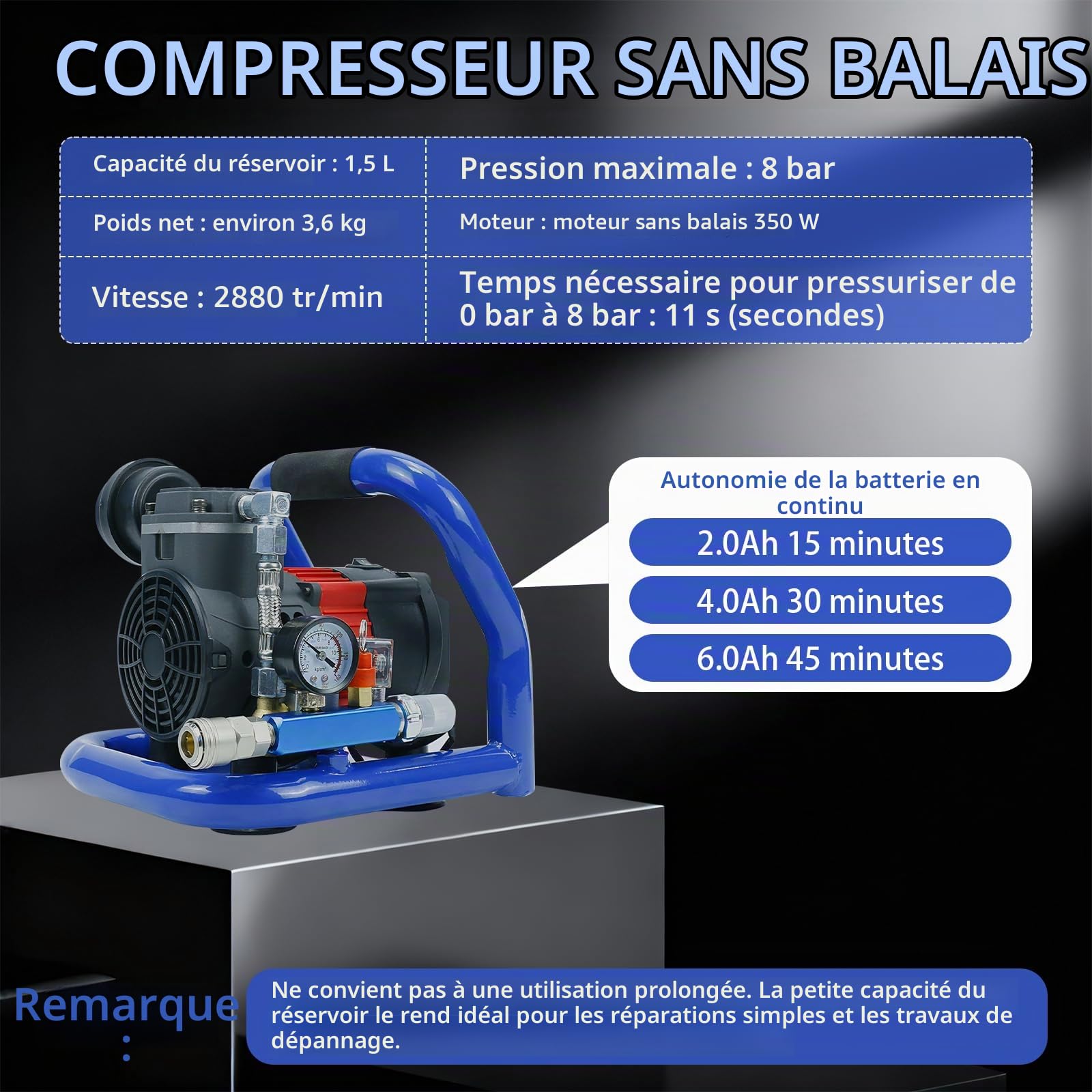 Compresseur Sans fil, Compresseur d'air Portable Pression Maximale 8 Bar, Capacité de Bouteille de Gaz de 1,5 L, Gonflage Rapide pour Outils Pneumatiques, Inclus Batterie e Chargeur