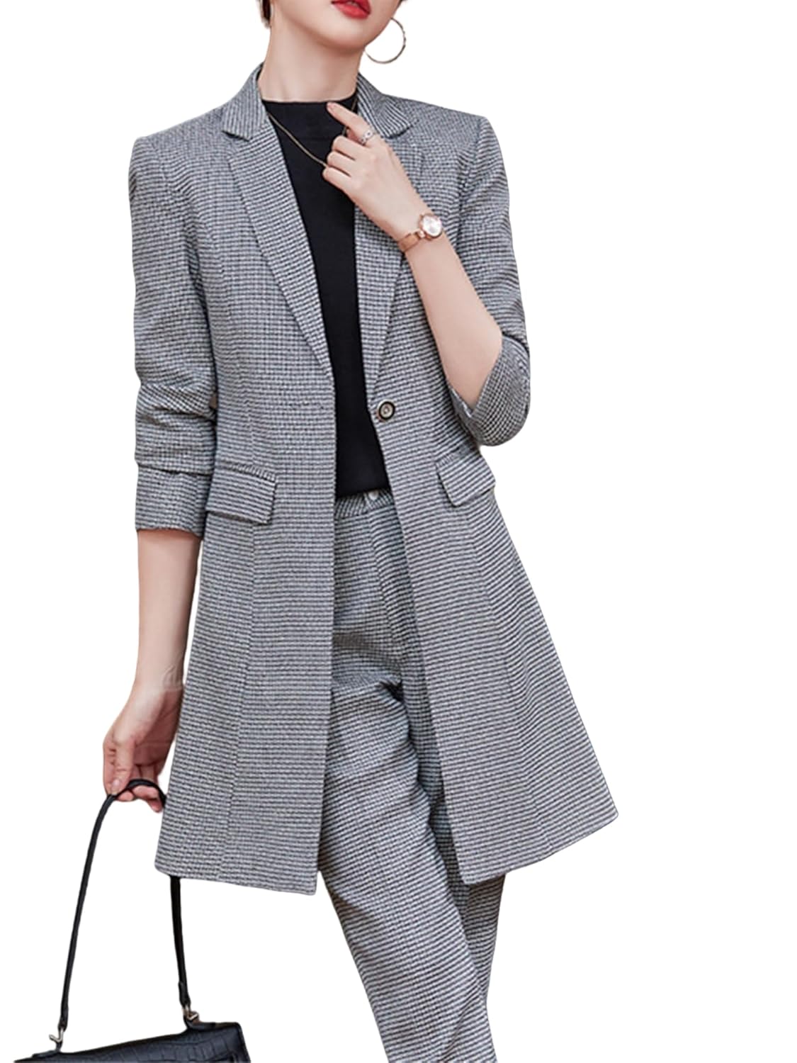 Women Work Business Wear Pant Suit Plaid Long Blazer 2 Pieces Set Female Office Ladies Jacket and Trouser