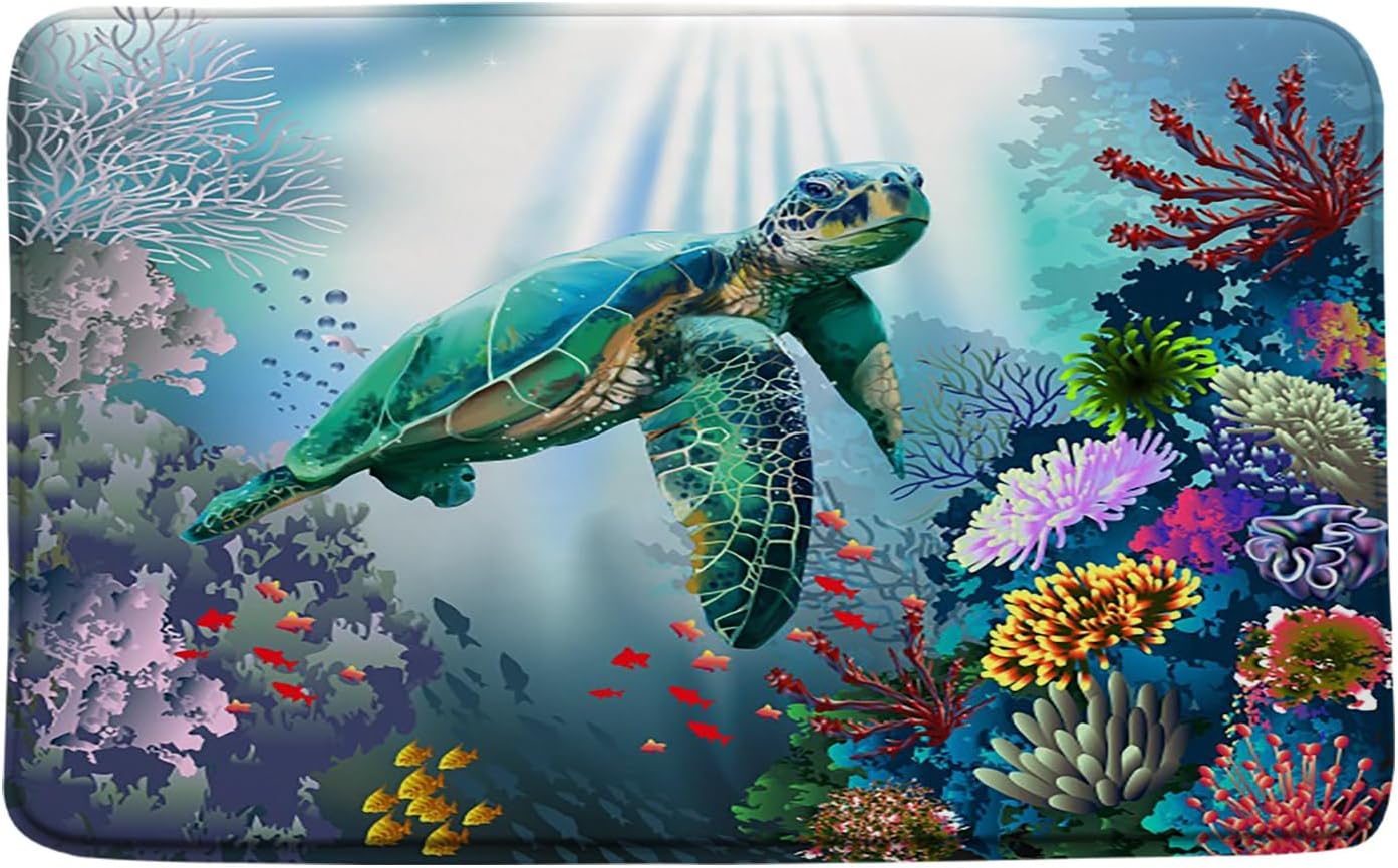 Ocean Turtle Runner Bath Rug,Sea Animal Coral Seaweed Underwater Tropical Fish Sea Biological Blue24x60 Inch Bath Mat for Bathroom Kitchen