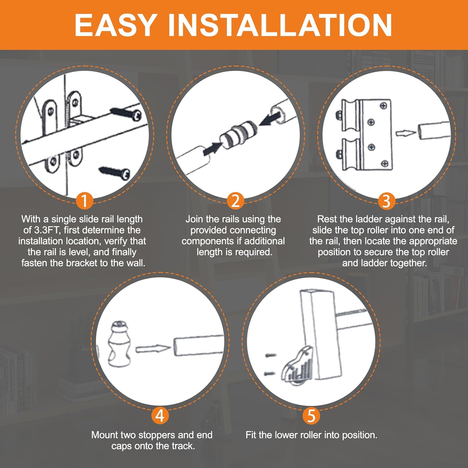 9.9FT Library Ladder Hardware Kit, Retractable Rolling Ladder Kit with Silent Bottom Rollers with Brake, Max Load 350lb Carbon Steel Sliding Library Ladder Hardware for Bookshelf (Ladder not Included)