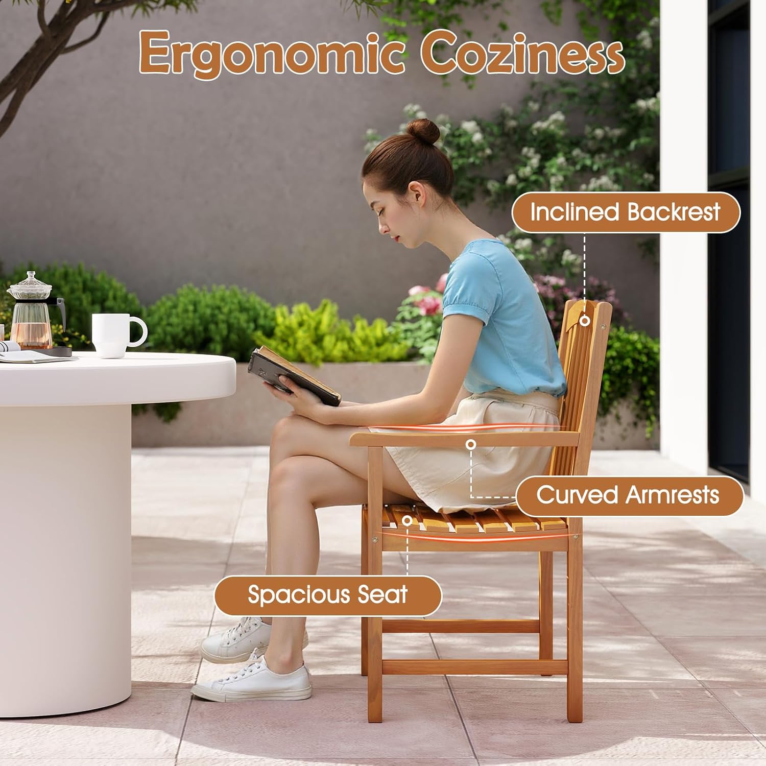 Tangkula Acacia Wood Patio Dining Chairs Set of 2, Heavy Duty Outdoor Armchairs with Inclined Slatted Backrest & Seat, Outside Chairs for Backyard, Poolside, Porch, Yard, Balcony, Natural