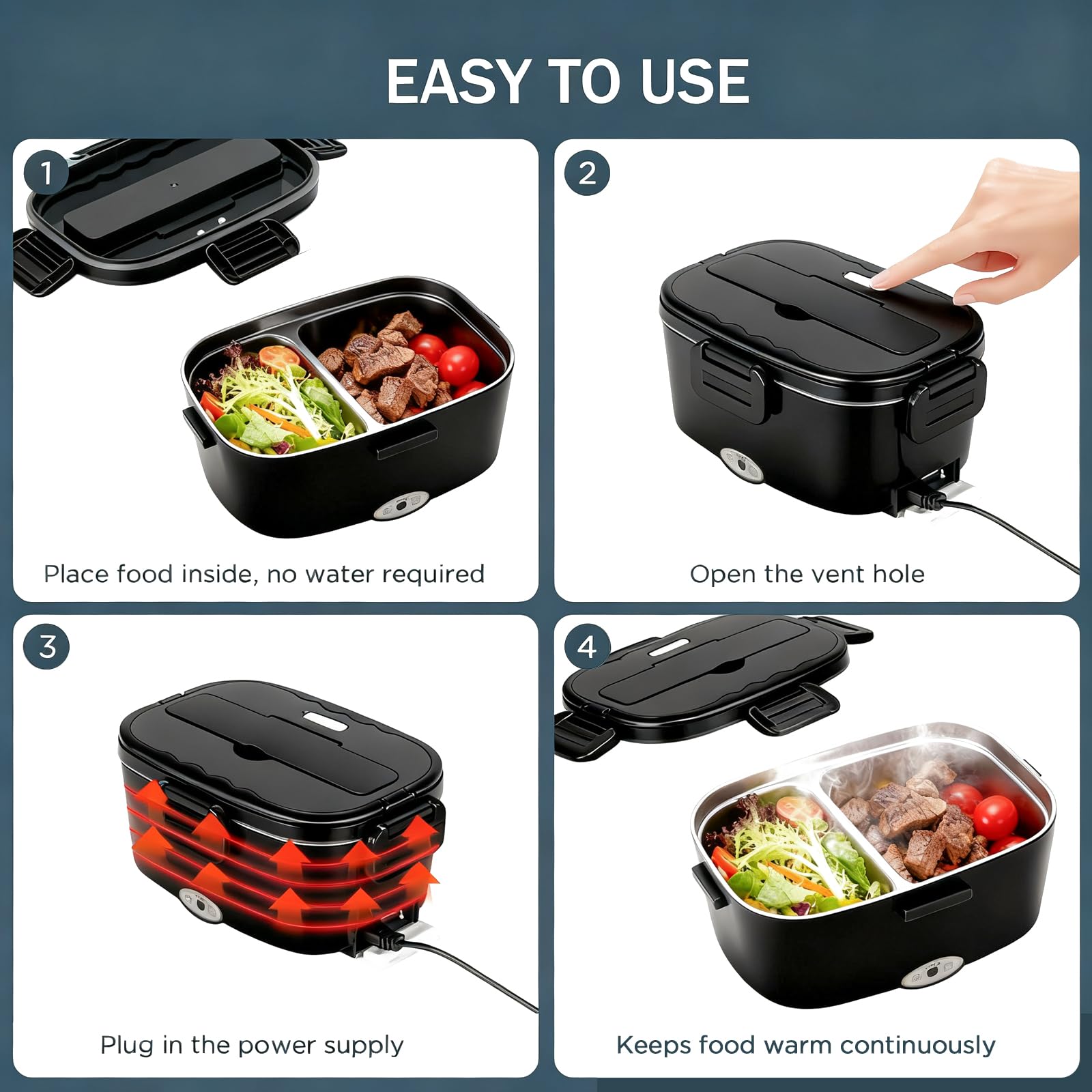 VINATO Scaldavivande Elettrico Portatile 1.5L, Porta Pranzo Elettrico 60W,Lunch Box Elettrico,Portavivande Elettrico per Auto/Ufficio, Con Forchetta/Cucchiaio E Borsa Termica