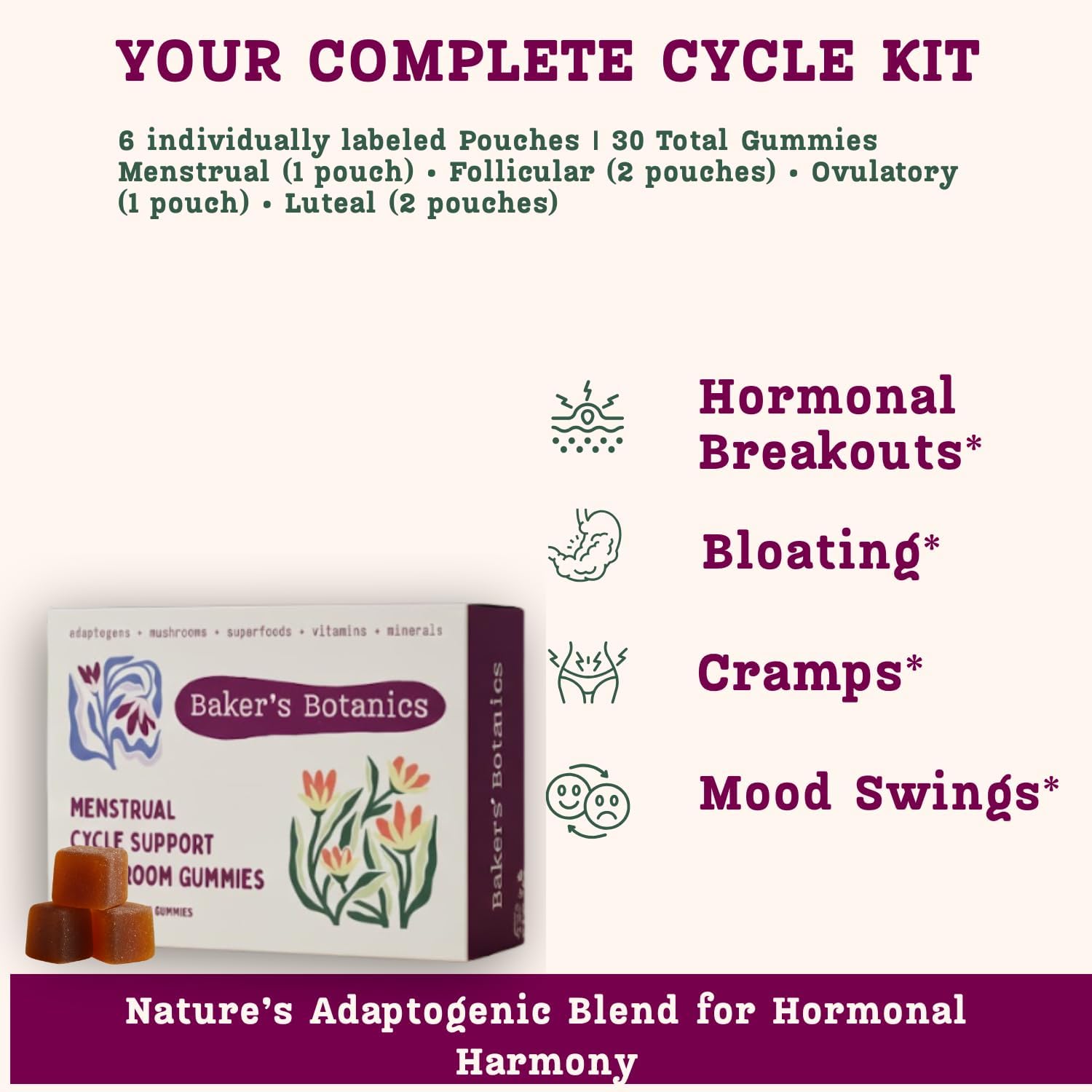 Period ovulatory & PMS Support Supplement for Women – Hormone Balance + 4-Phase Menstrual Cycle Kit | Vegan Functional Mushroom Gummies by Baker’s Botanics (Pack of 6)(30 Gummies)