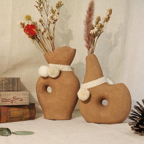 Modern Rustic Farmhouse Ceramic Vase 8 inch, Handmade Terracotta Vases with Pom Poms, Small Clay Vase for Home Decor, Shelf Entryway Table Living Room