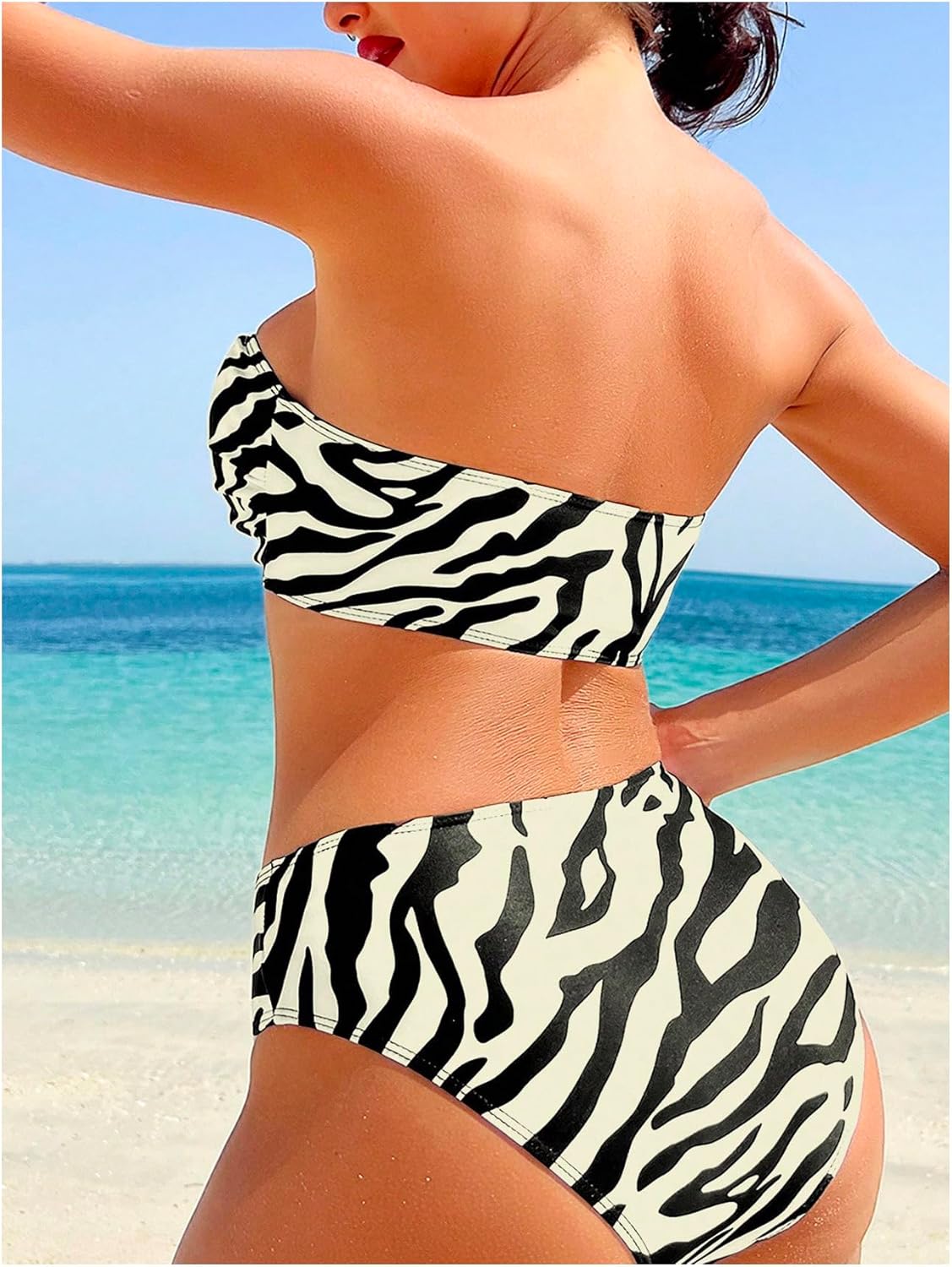 Milumia Women's 2 Piece Sexy Zebra Print Bikini Mental Strapless Bikini Set High Waisted Bandeau Swimsuits - Image 2