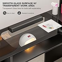 Vista 4 de Mesa de manicura en forma de L con estantes, estación de mesa de uñas con parte superior de cristal, resistente a acetona, con cajones