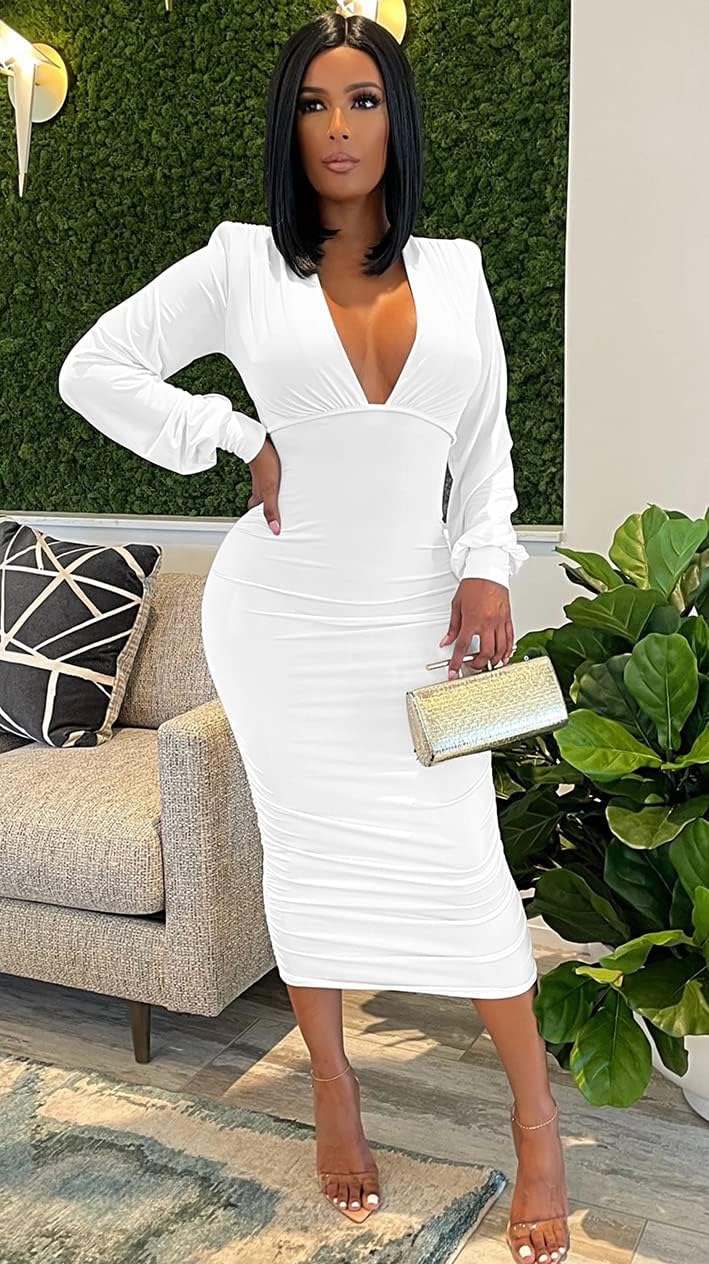 GOBLES Women's Sexy Deep V Neck Long Sleeve Ruched Bodycon Midi Party Dress - Image 3