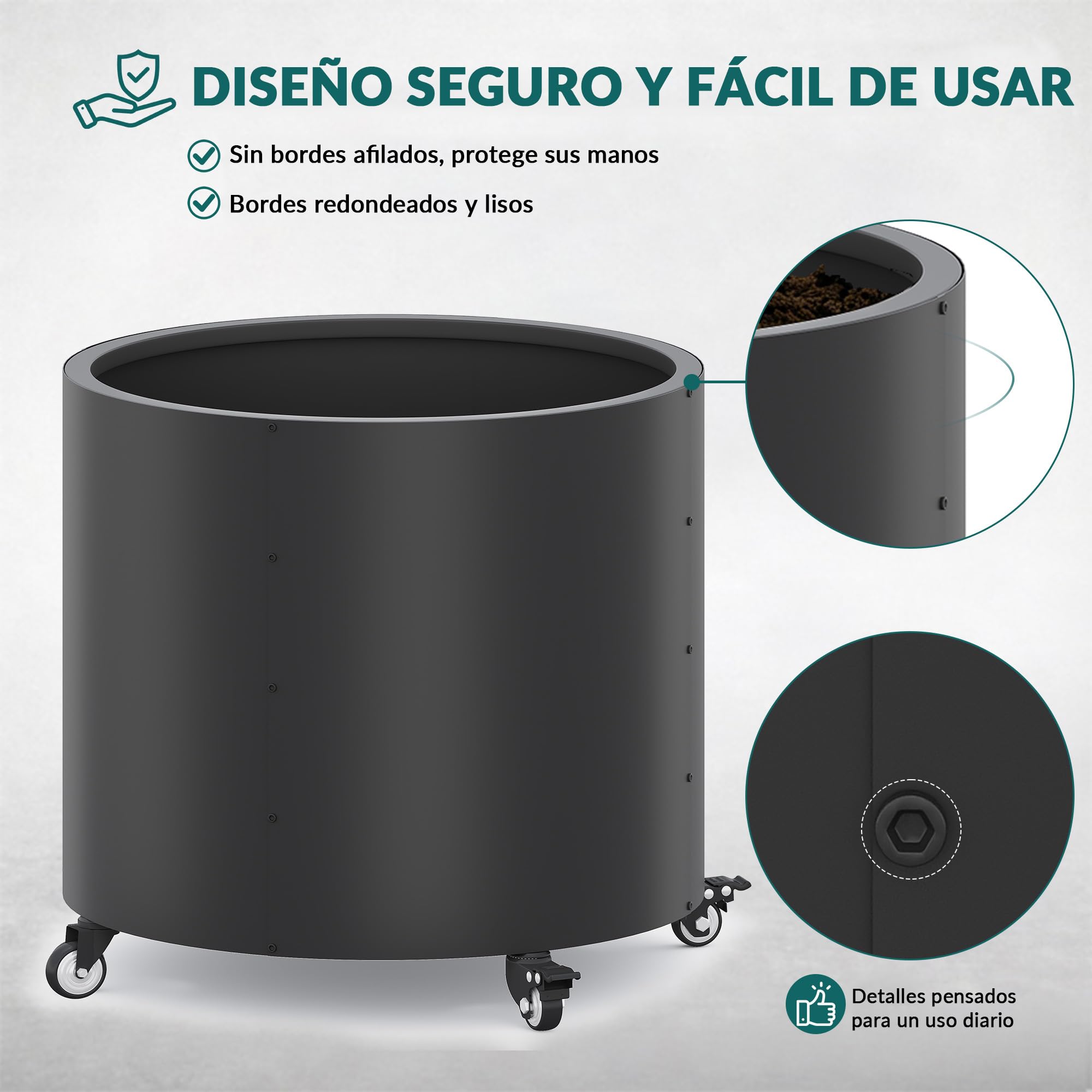 Macetas grandes para exteriores, Ø 61 * 56 cm de alto, de metal con ruedas, 150L para árboles de limón y verduras, 4 agujeros de drenaje para el balcón, jardín (2 piezas)