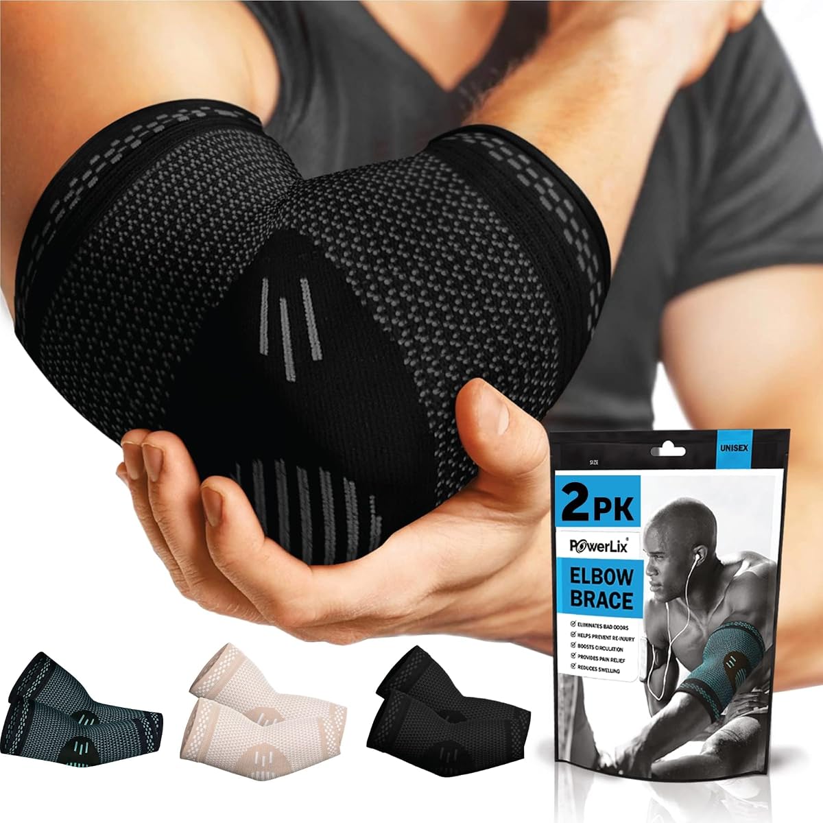 POWERLIX 2Pack Elbow Orthopedic Brace Compression Support (Pair) - Elbow Sleeve for Tennis, Golfer’s Elbow, Bursitis, and Sprains, Arthritis, Tendonitis. Pain Relief (Black, XL)
