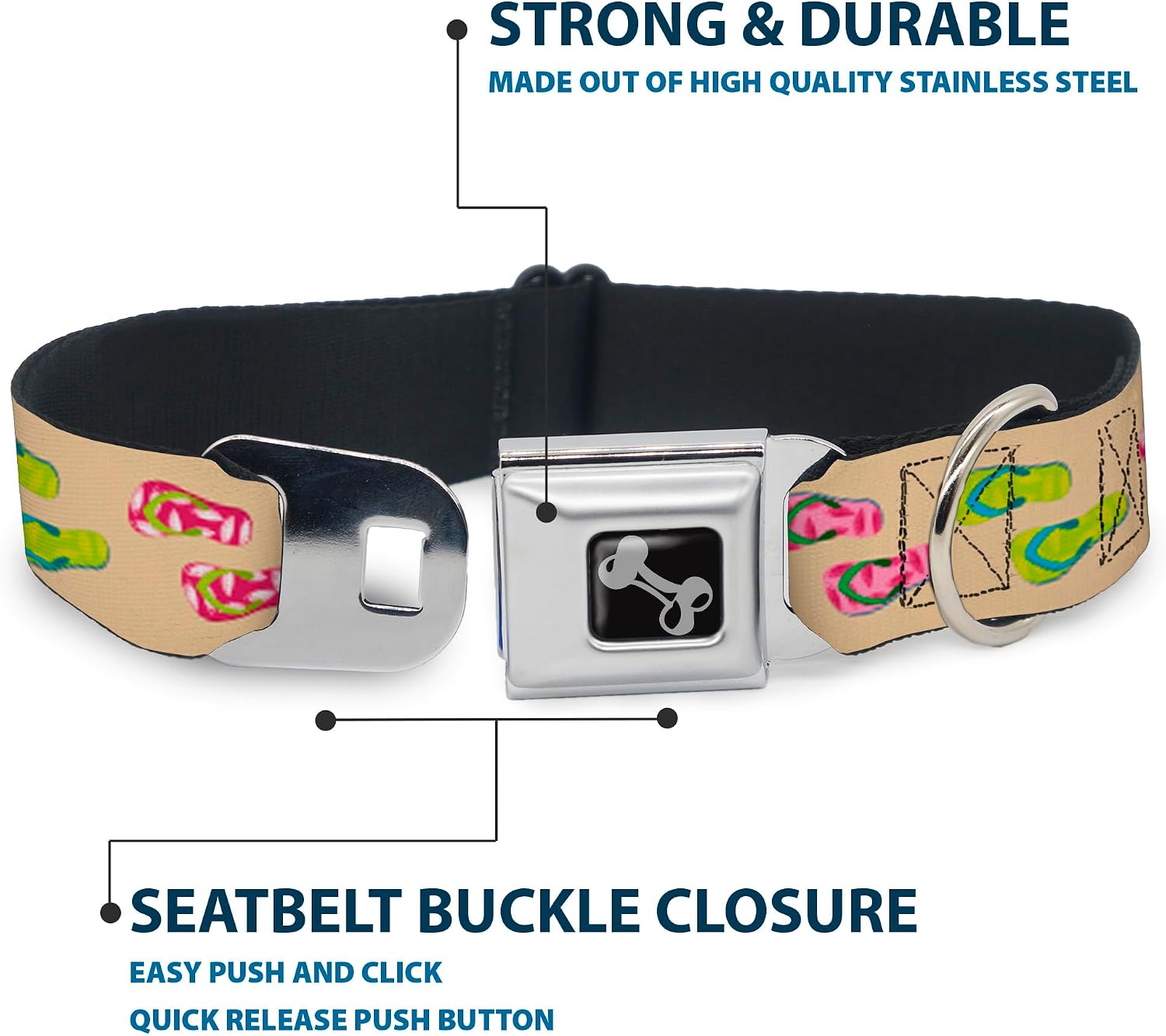 Dog Collar Seatbelt Buckle Tropical Flip Flops Tan Multi Color 9 to 15 Inches 1.0 Inch Wide