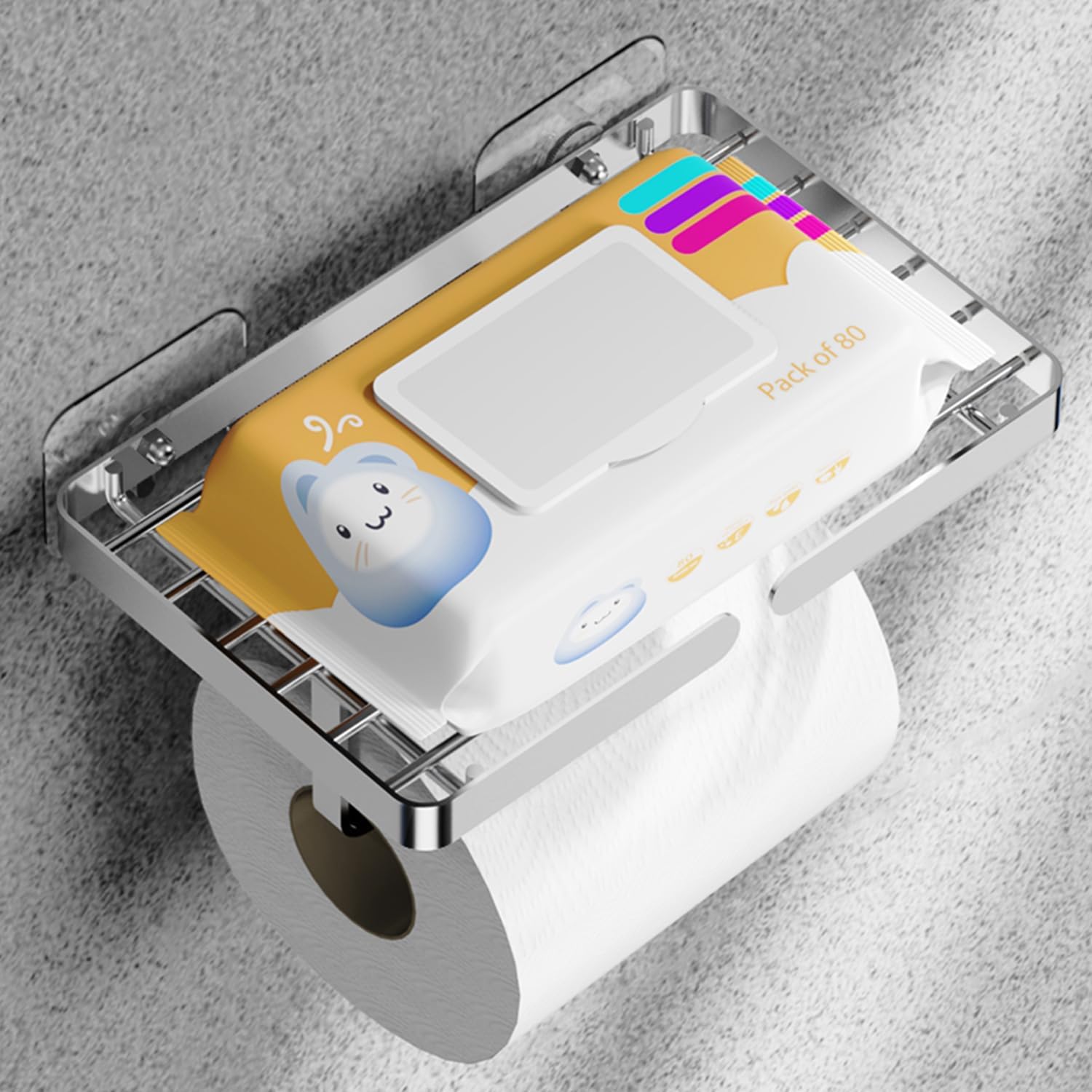 Toilet Paper Holder with Wipes Holder, Self Adhesive Toilet Rolls Holder Without Drilling, Rustproof Stainless Steel