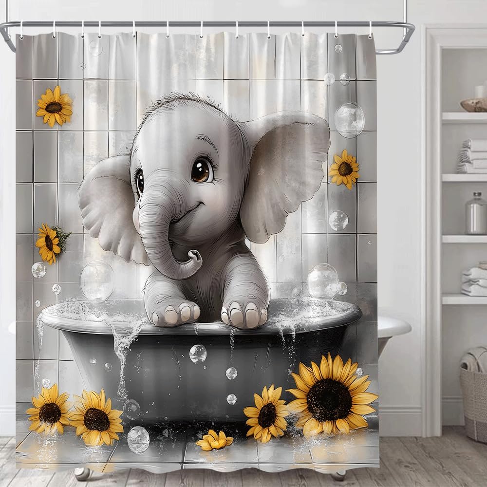 Funny Elephant Shower Curtain African Wild Animal Playing Water Bubble in Bathtub Yellow Sunflower Floral Grey Wildlife Hilarious Polyester Fabric Bathroom Curtain with Hooks