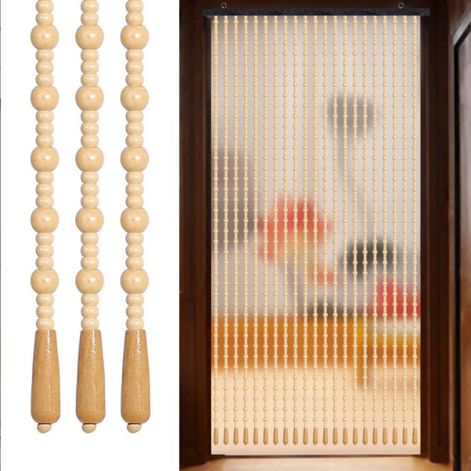 Rideau de perles en bois de bambou naturel, rideau de porte en perles rétro